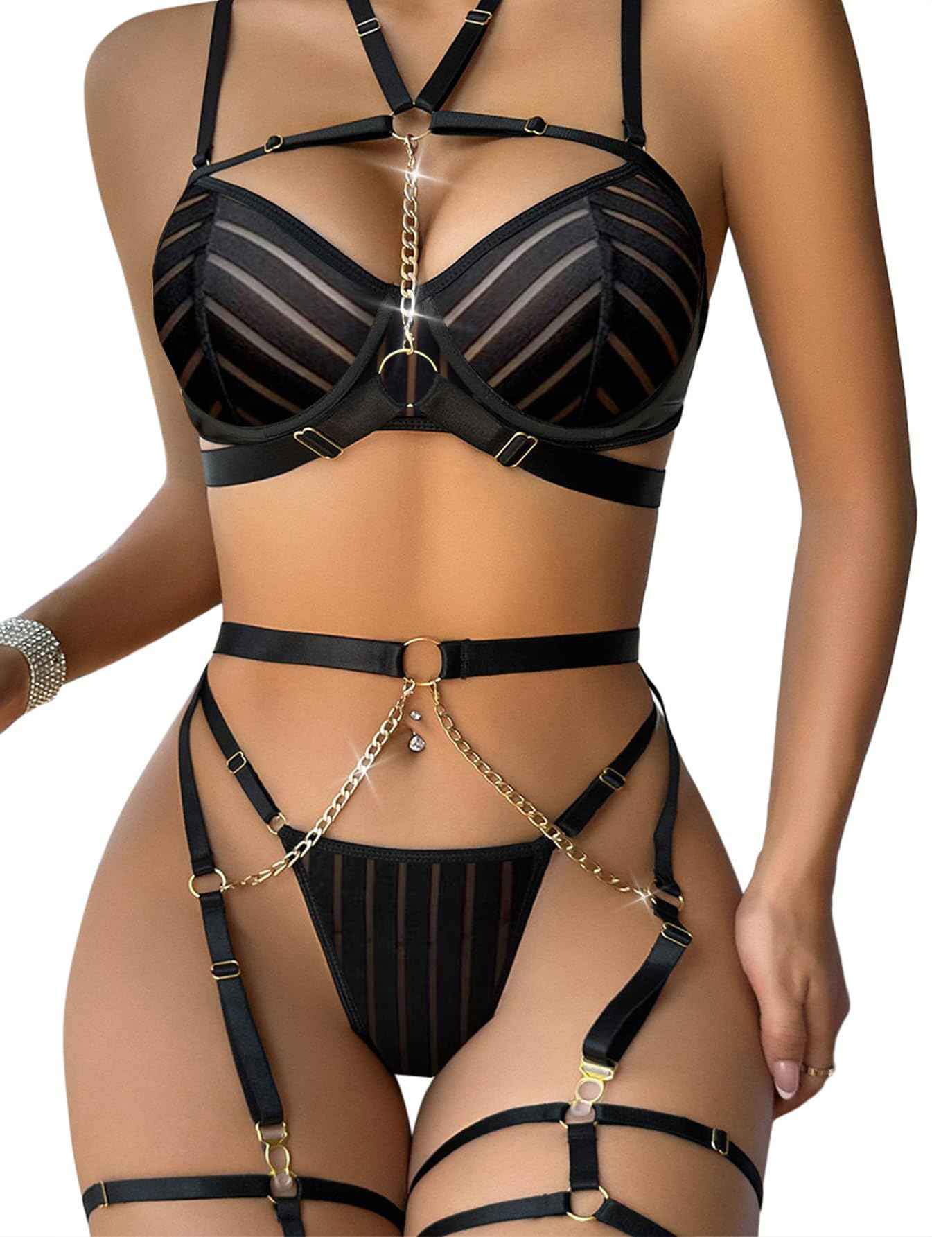 Lilosy Sexy PU Leather Garter Belt Lingerie Set with Underwire Straps