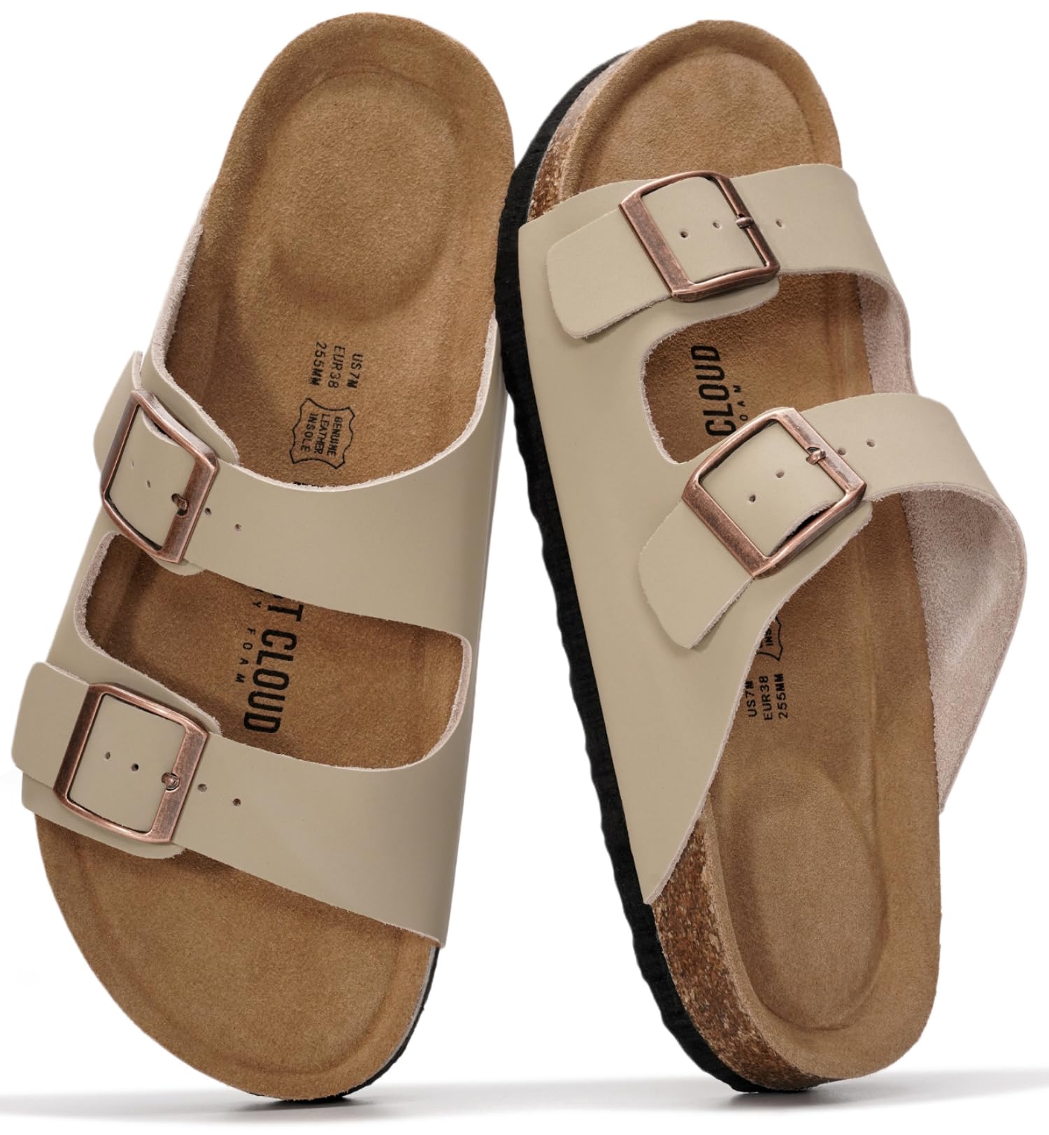 Project Cloud 100% Genuine Leather Flat Sandals For Women 2026 Cork Footbed Womens Sandals with Memory Foam and arch support Vacation Essentials Slides for Women Footwear (Venita)