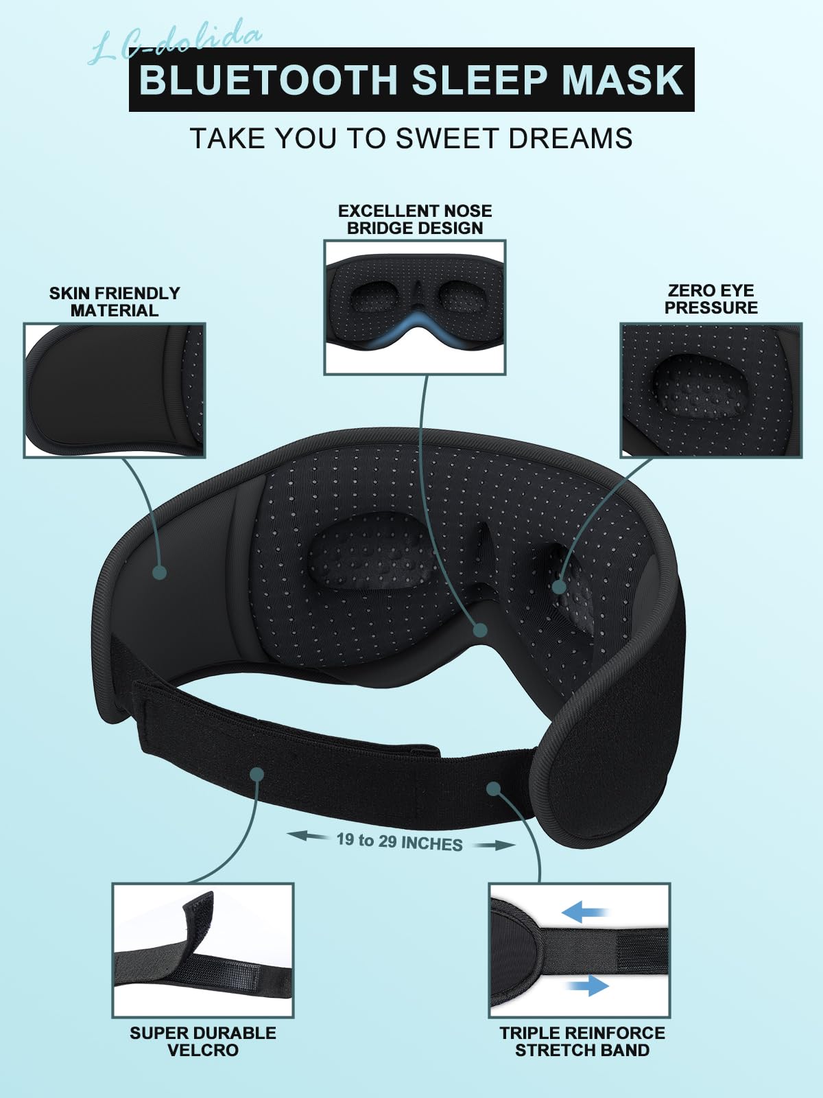 LC-dolida Sleep Headphones, 3D Sleep Mask Bluetooth Wireless Music Eye Mask, Sleeping Headphones for Side Sleepers