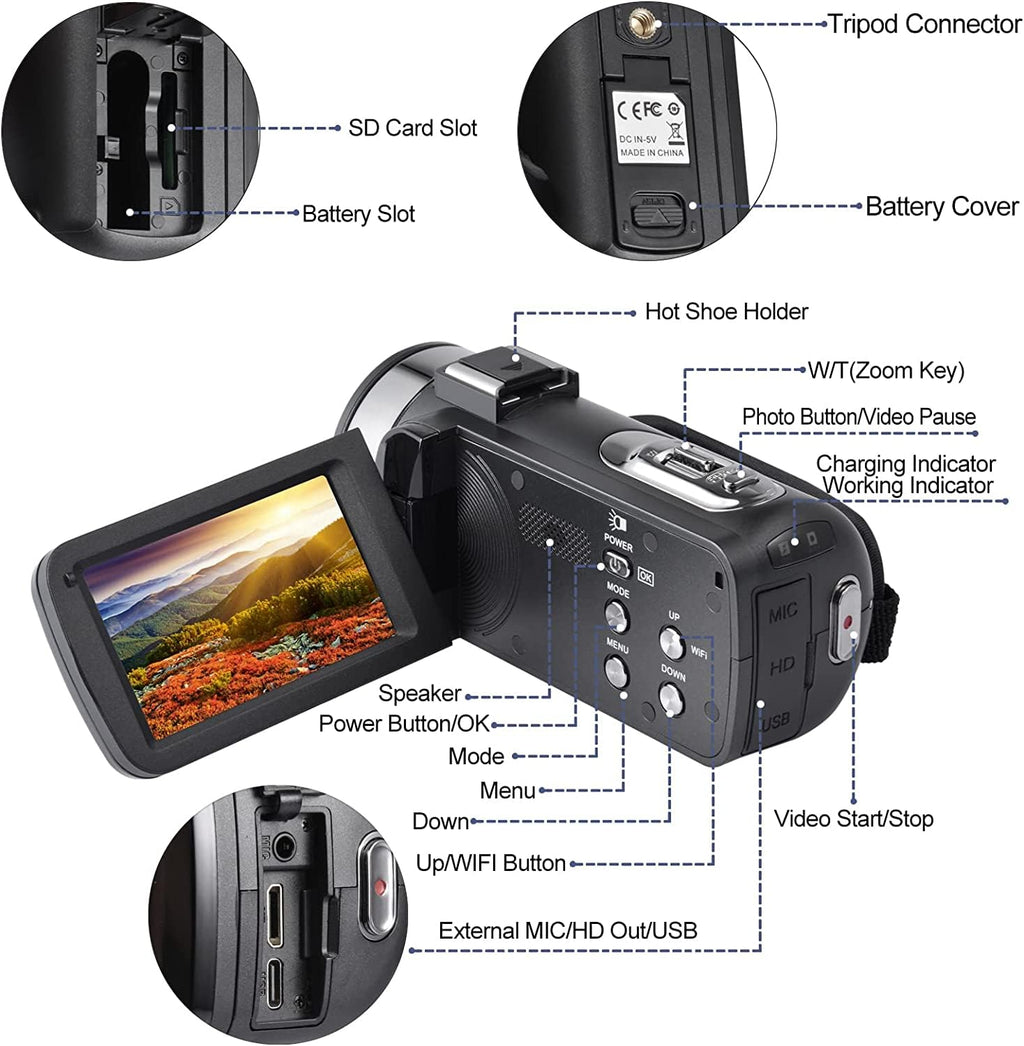 Acuvar 4K Video Camera Camcorder 48MP Auto Focus Vlogging Camera for YouTube 60FPS 18X Zoom Digital Camera WiFi, Mic, Stabilizer, 2 64GB SD Cards, 50" Tripod, Case, Charger, Card Reader