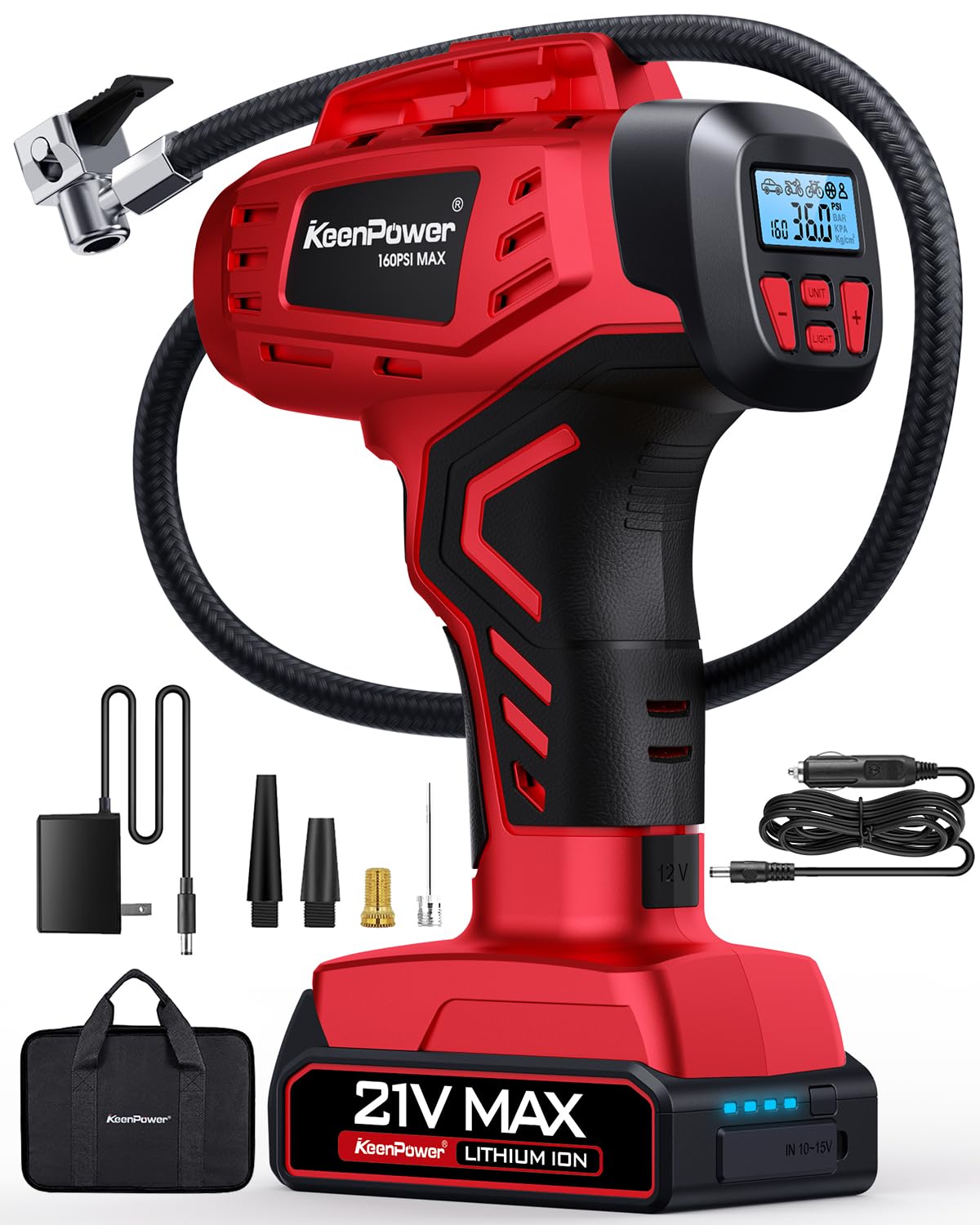 KeenPower Digital Cordless Tire Inflator Portable Air Compressor Automatic 160PSI w/Gauge Screen & 4+N Smart Mode & Dual Power Supply, Rechargeable 21V Battery Powered Handheld Air Pump, Car Tire Pump