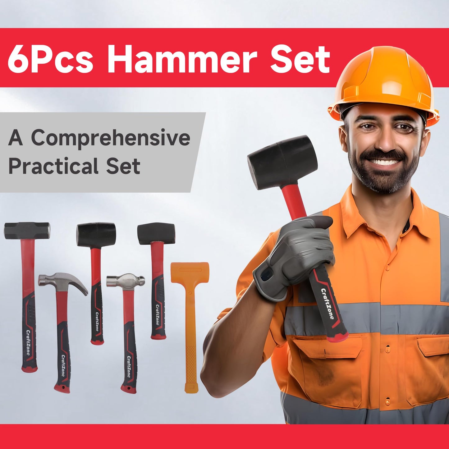 6-Piece Rubber Mallet Hammer Set with 2lb Dead Blow - 3lb Sledge & Stoning - 16oz Ball Peen Claw Hammers | Anti-Vibration Fiberglass Handles for Construction Metalworking Automotive & DIY Projects