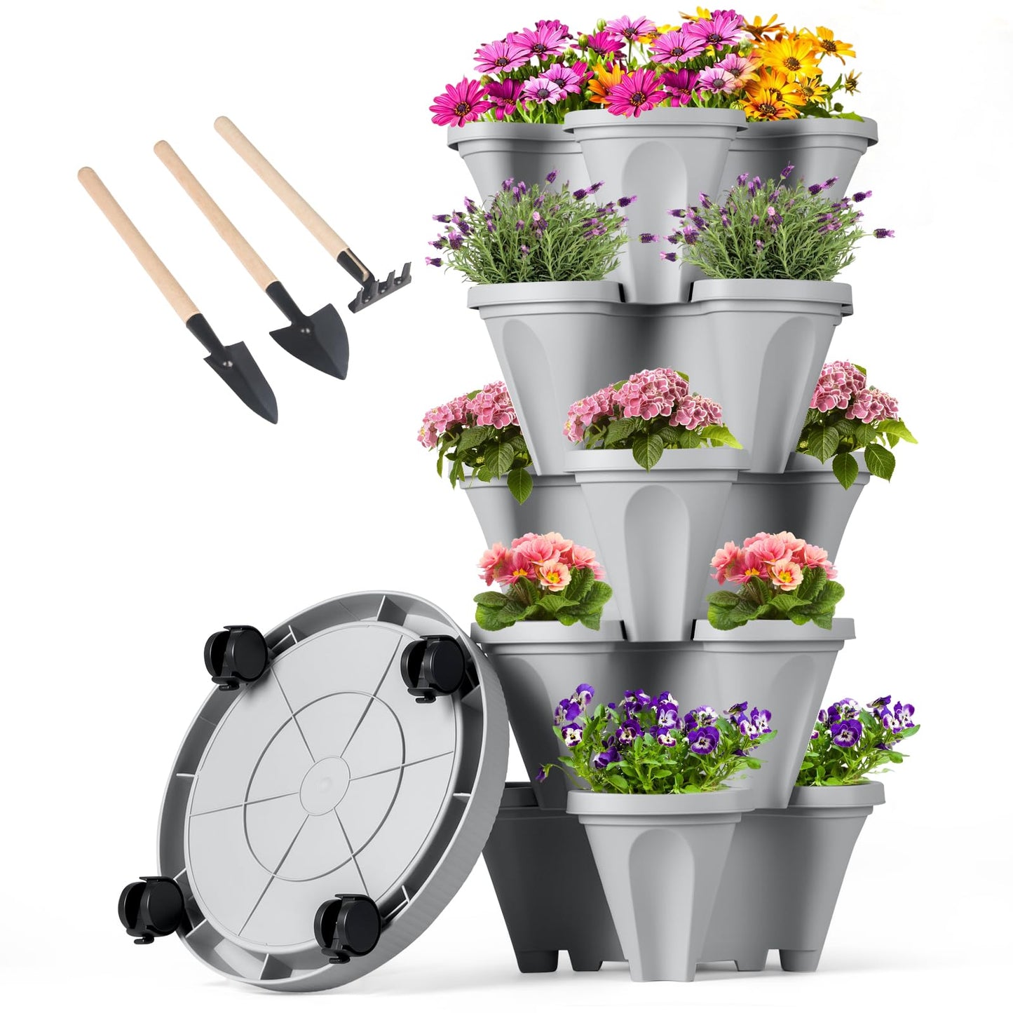 GameXcel Vertical Planter Tower - Multi-Tier Stackable Garden Planters with Wheels and Tools Plant Pots for Strawberry Herb Flower and Vegetable Indoor Outdoor Use Multicolor
