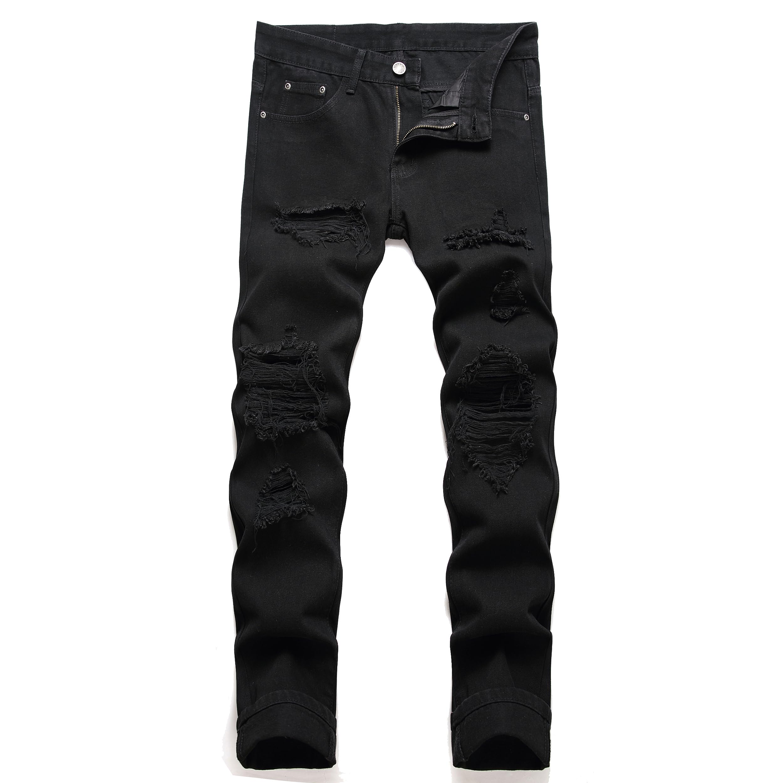 OIIIO Men's Ripped Slim Fit Straight Leg Jean Denim Pant