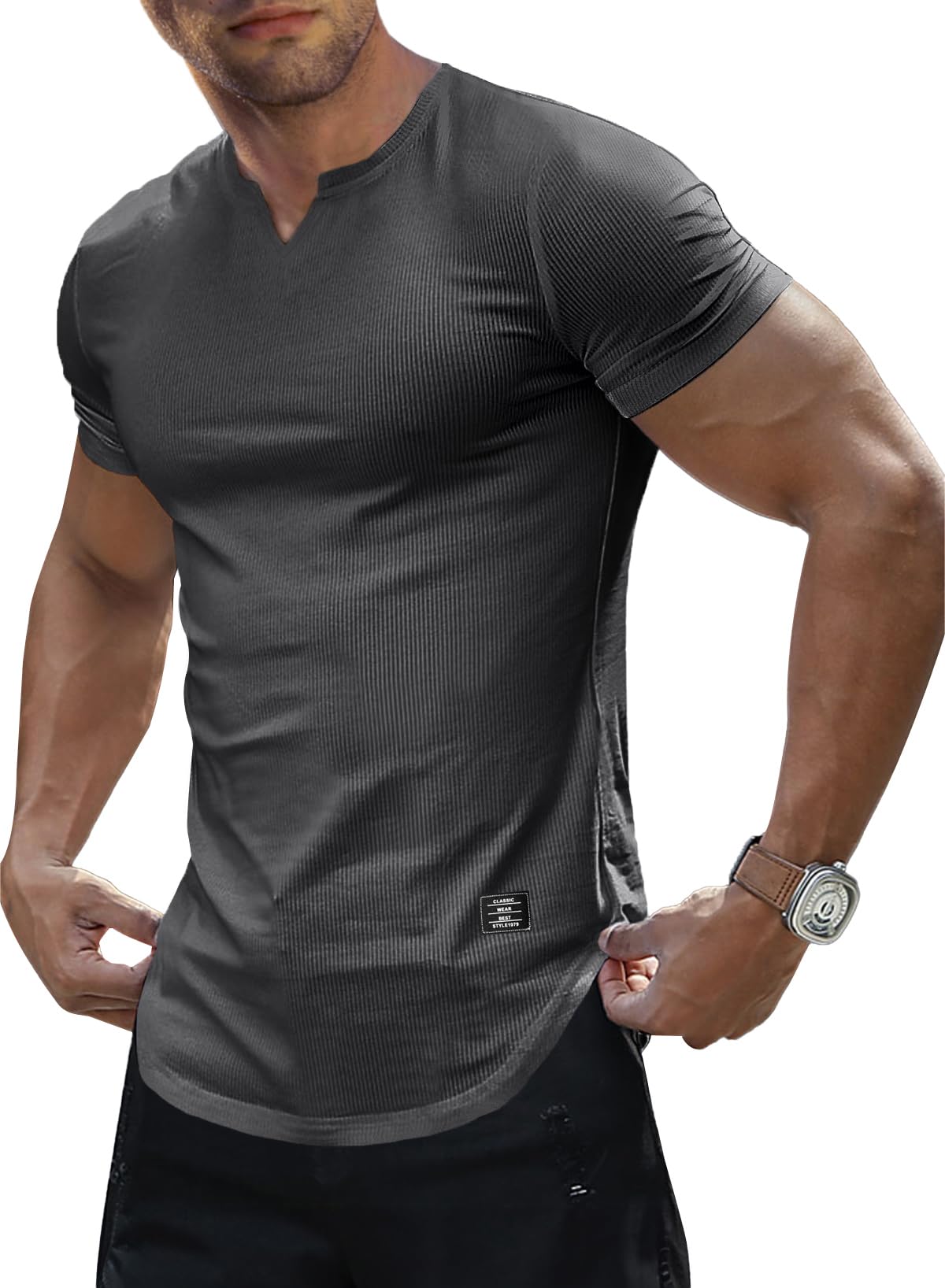 JMIERR Mens Muscle Slim T Shirts Texture V Neck Longline Henley Gym Workout Athletic Tee Shirt