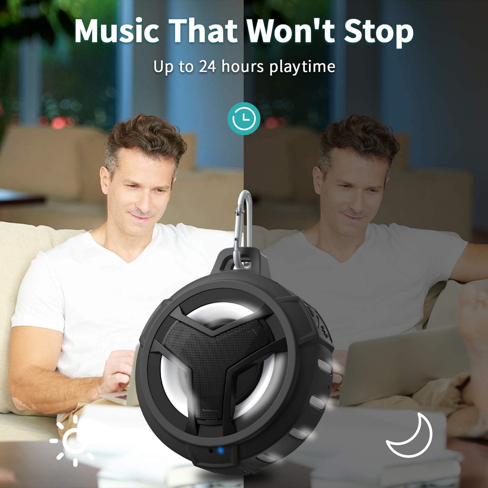 EBODA Shower Speaker, IP67 Waterproof Portable Bluetooth Speakers, TWS Speakers with Stereo Sound, Colorful LED Light and 2000mAh, Hands-Free Calling, Great for Shower, Pool, Beach, Hiking, Camping