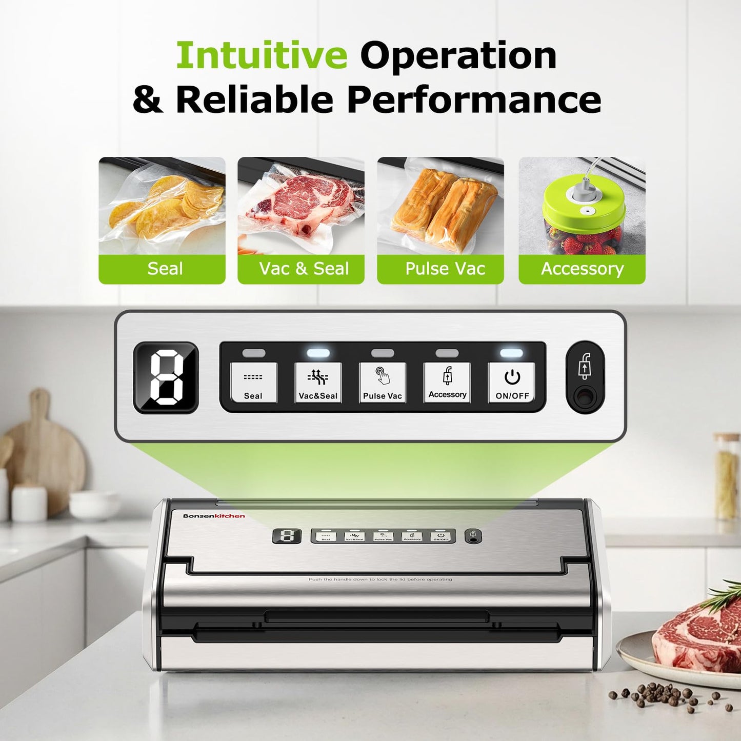 Bonsenkitchen Vacuum Sealer for Food, One-Hand Operation Food Vacuum Sealer Machine with 0.2-inch wider seal, Built-in Cutter and Bag Storage