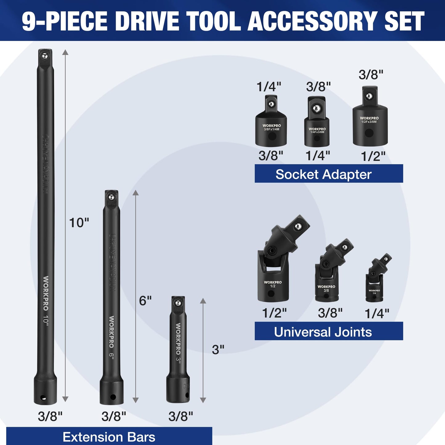 WORKPRO 18-Pieces Drive Tool Accessory Set+WORKPRO 9 PCS Socket Accessory Set