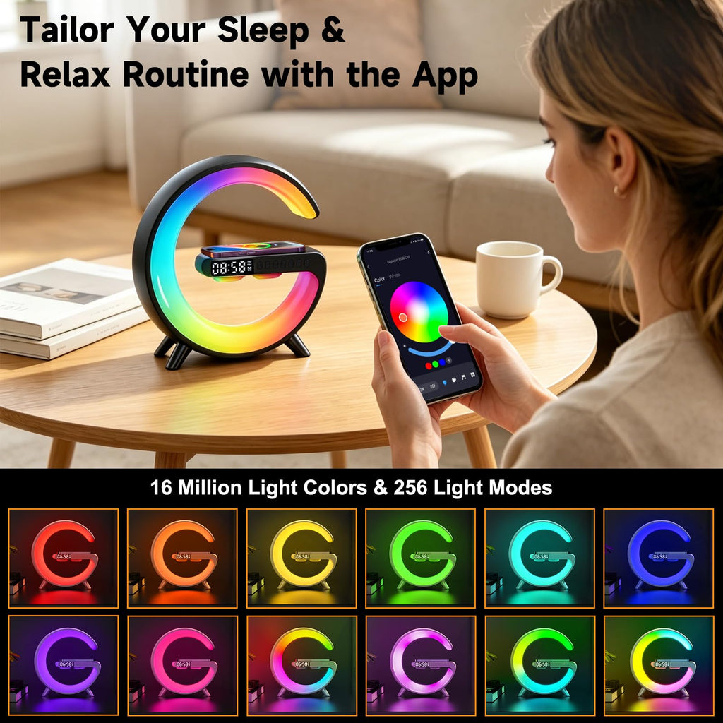WEKEFON Smart LED Alarm Clock, Wireless Charger with Portable Small Speaker,Wireless Atmosphere Lamp,Multifunctional RGB Night Light & Charging Station,App Control