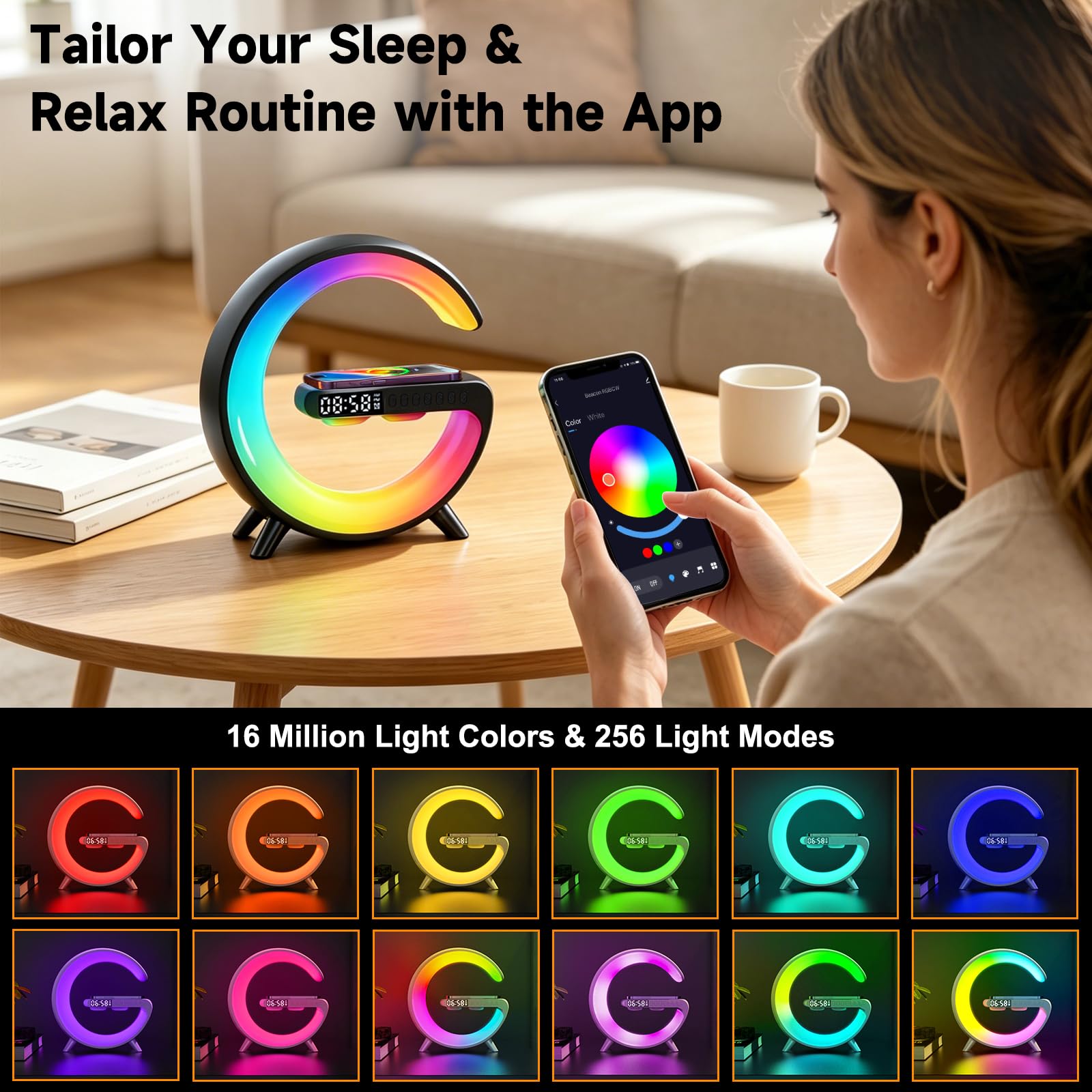WEKEFON Smart LED Alarm Clock, Wireless Charger with Portable Small Speaker,Wireless Atmosphere Lamp,Multifunctional RGB Night Light & Charging Station,App Control