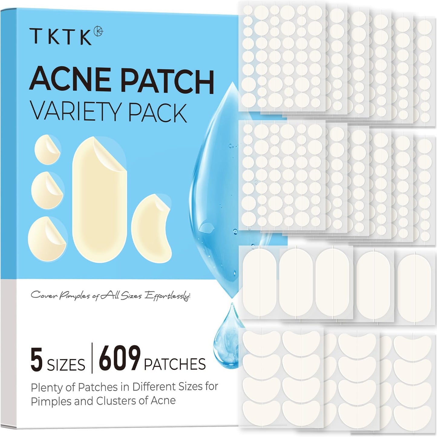 TKTK Chin Pimple Patches (100 Count 6 Sizes), XL Contoured Hydrocolloid Chin Patch 62x42 mm, Large Acne Patch for Face Blemishes Zit Breakouts, Maximum Absorption Overnight Stickers