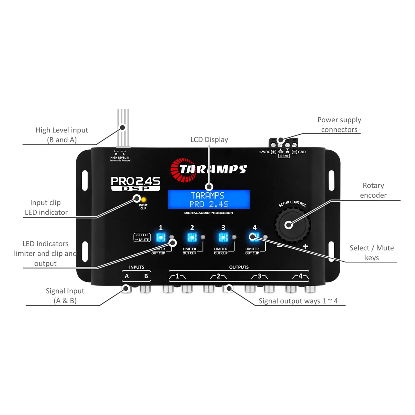 Taramps Pro 2.4S DSP Crossover Full Digital Signal Processor and Equalizer with sequencer 15-Band Graphic Equalization 12 preset EQ 2-Channel in and 4-Channel Out