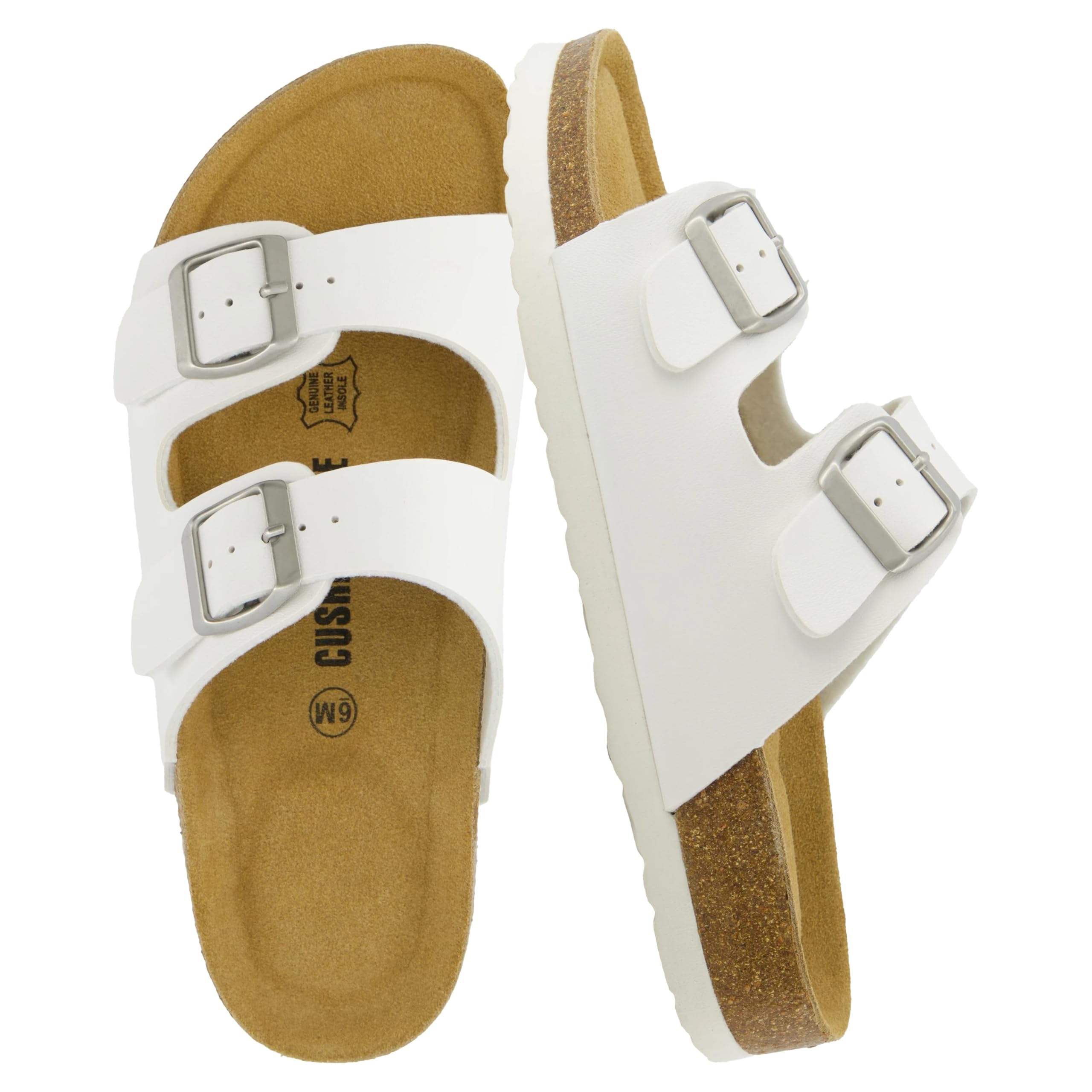CUSHIONAIRE Lane Cork Footbed Sandals for Women – Comfortable Double Buckle Slip-On with Genuine Suede Footbed & Arch Support Slides for Women Footwear