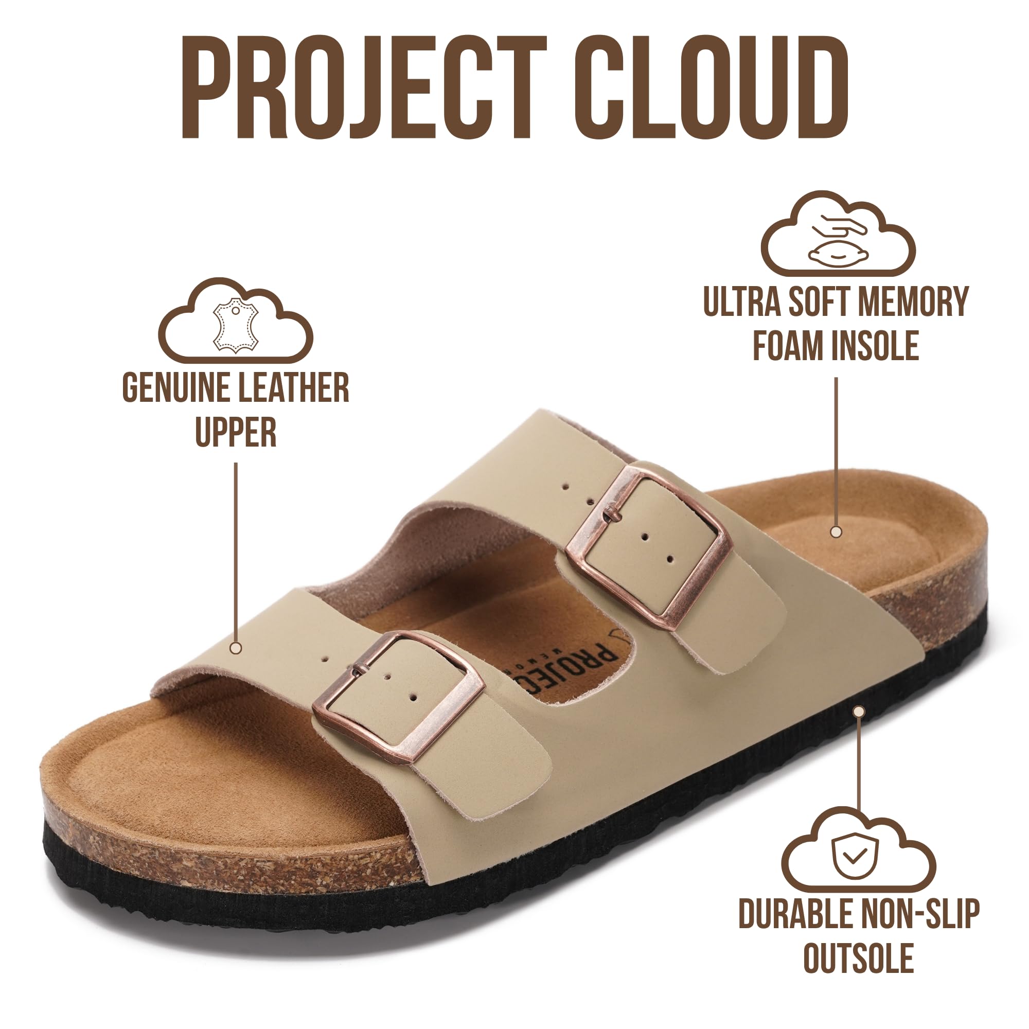 Project Cloud 100% Genuine Leather Flat Sandals For Women 2026 Cork Footbed Womens Sandals with Memory Foam and arch support Vacation Essentials Slides for Women Footwear (Venita)