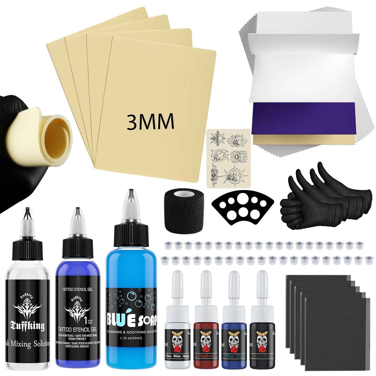 Tattoo Skin Practice Kit, Starter Tattoo Practice Kits with 2Pcs 3mm Fake Skins for Tattooing, 5Pcs Transfer Stencil Paper for Beginners Tattoo Practice Supplies