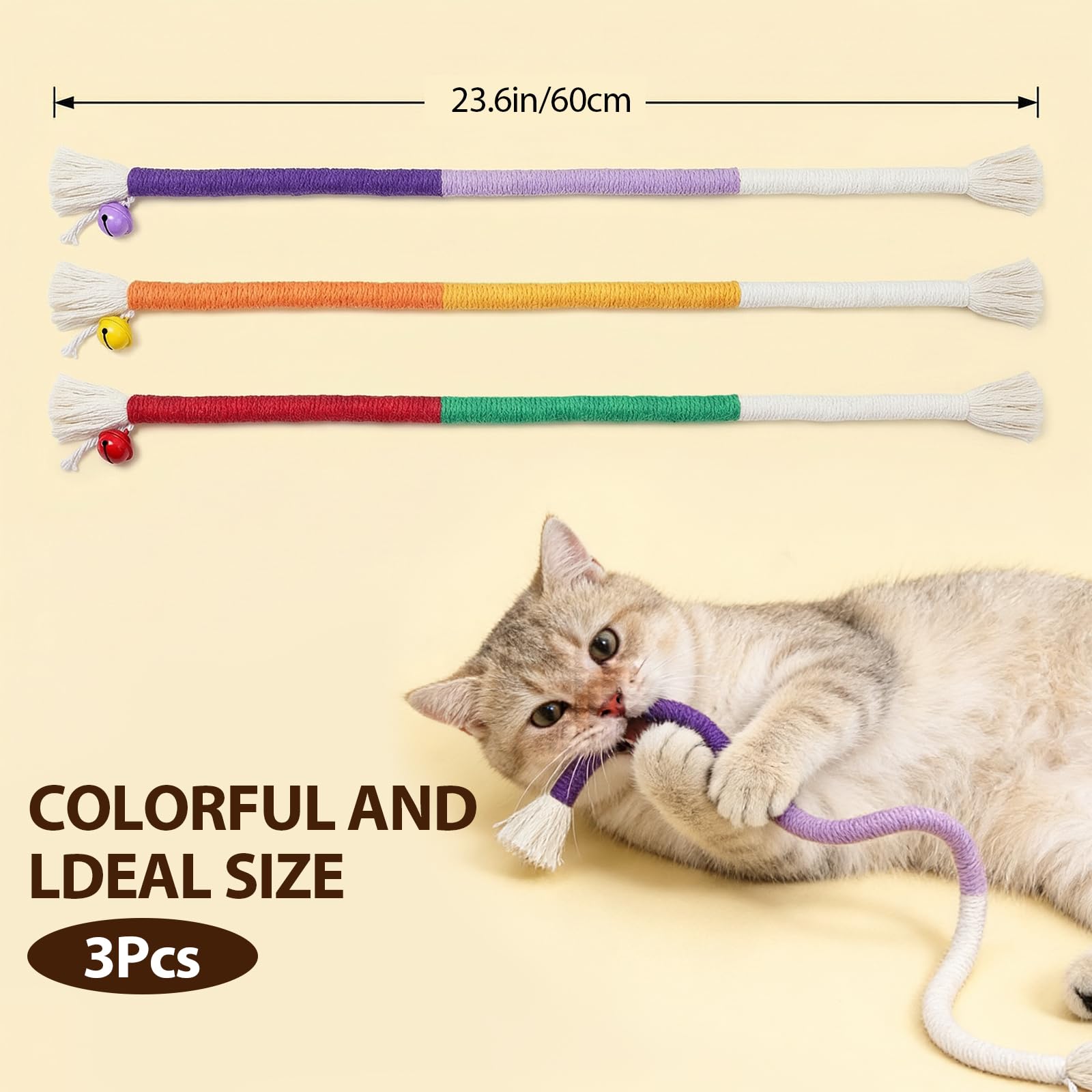 Shudyear 3 Pack Cat Chew Rope Toys with Bell for Indoor Cats, Cotton Cat Rope Toy for Biting and Kicking, Cat Biting Toys for Interactive Play and Teeth Cleaning