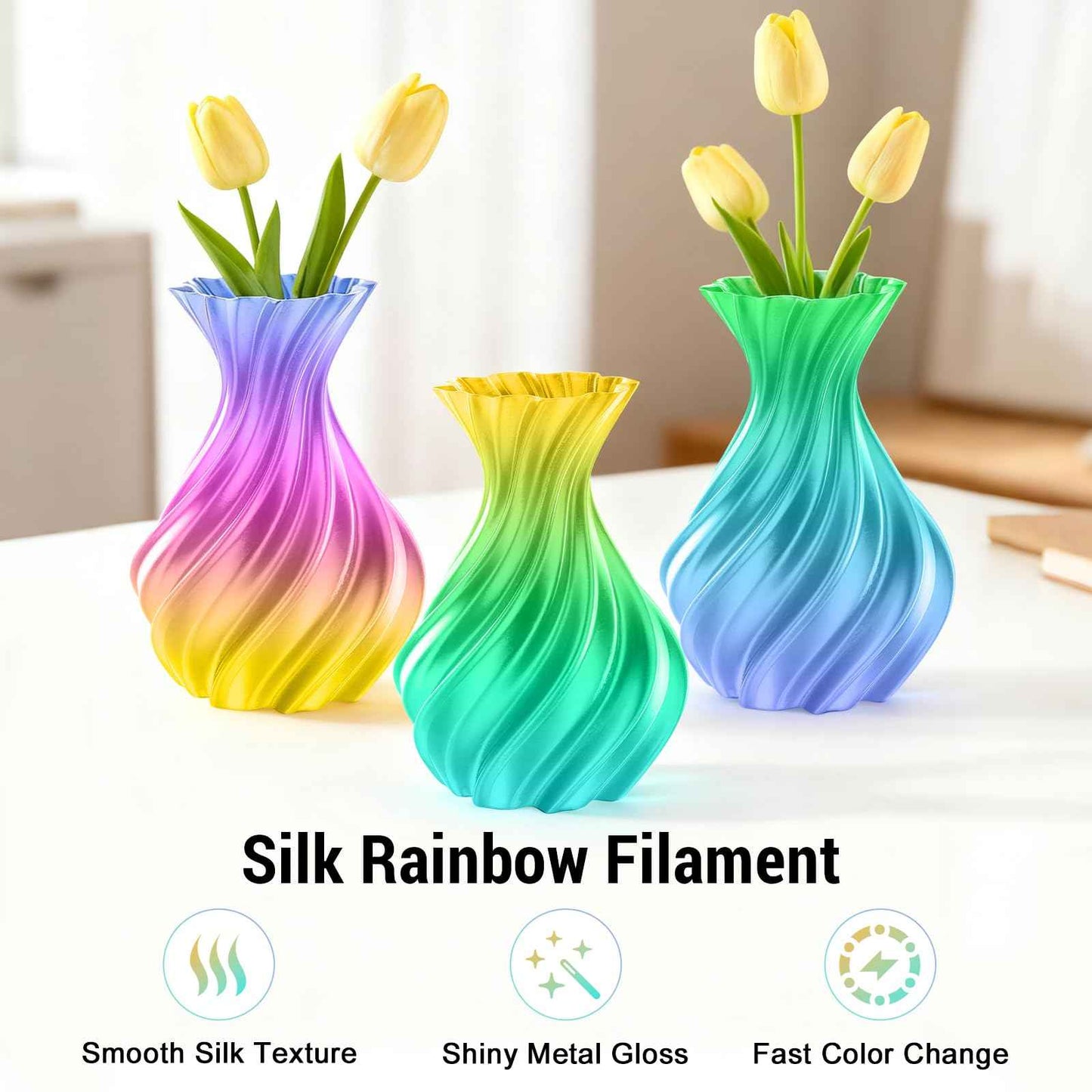 Dynta 3D Printer Filament, Silk PLA Bundle 6 Colors - High Gloss, Super Shiny & Smooth, Beginner-Friendly for Daily DIY, 250gX6 Spools (Gold/Silver/Red/Green/Blue/Purple)