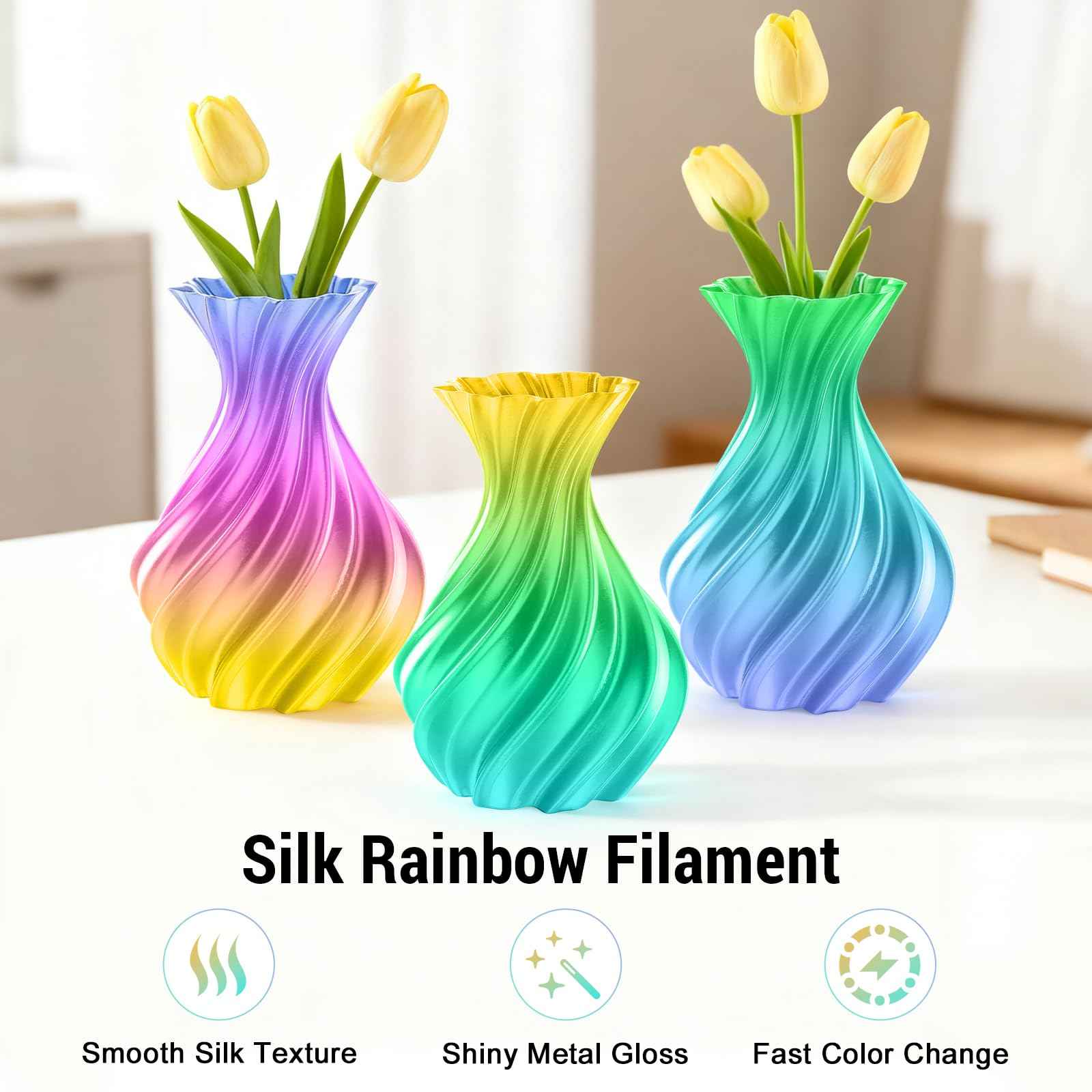Dynta 3D Printer Filament, Silk PLA Bundle 6 Colors - High Gloss, Super Shiny & Smooth, Beginner-Friendly for Daily DIY, 250gX6 Spools (Gold/Silver/Red/Green/Blue/Purple)