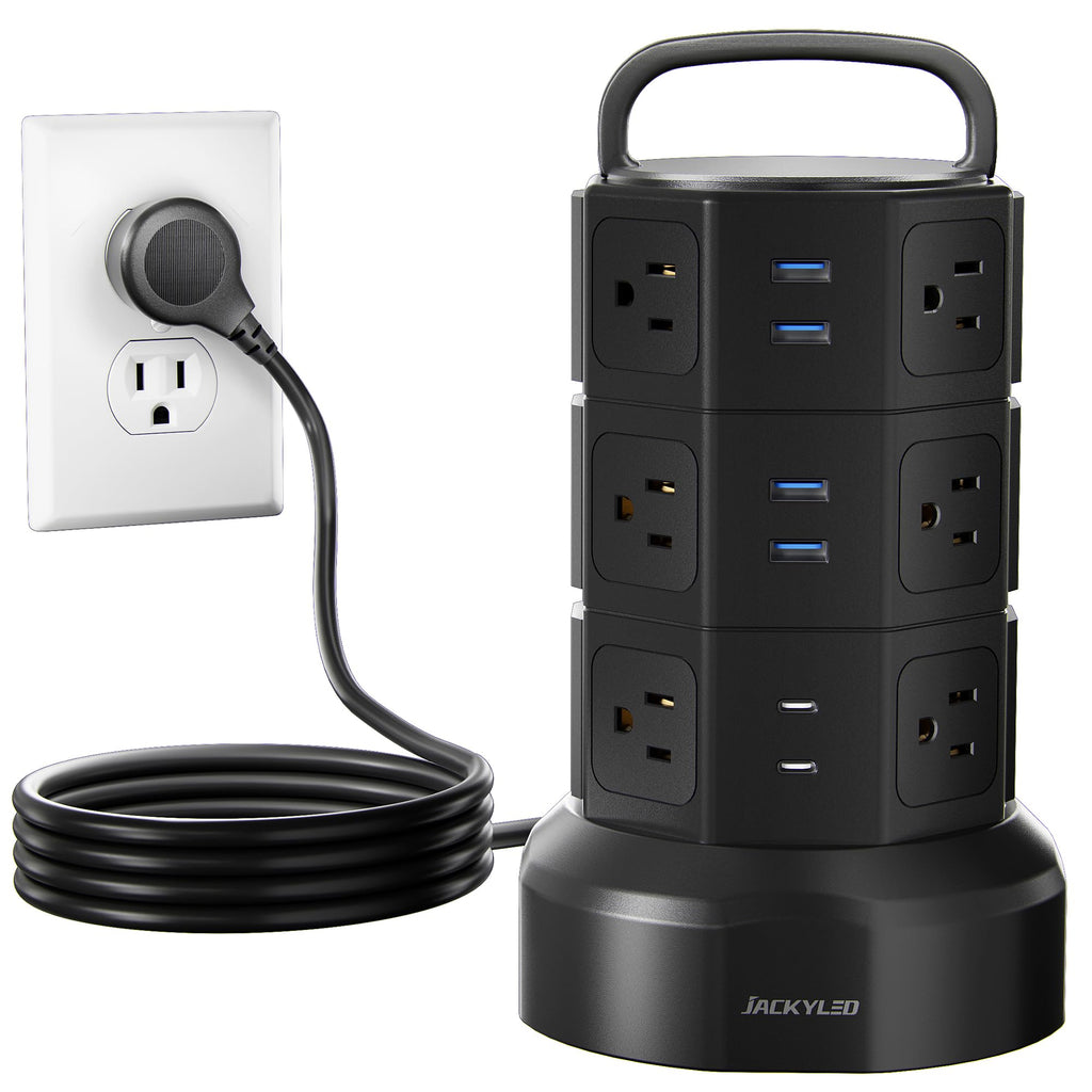 Power Strip Tower Surge Protector, JACKYLED 1625W 13A Outlet Surge Electric Tower, 12 Outlets 6 USB Ports Charging Station with 16AWG 6.5ft Heavy Duty Extension Cord for Home Office Dorm