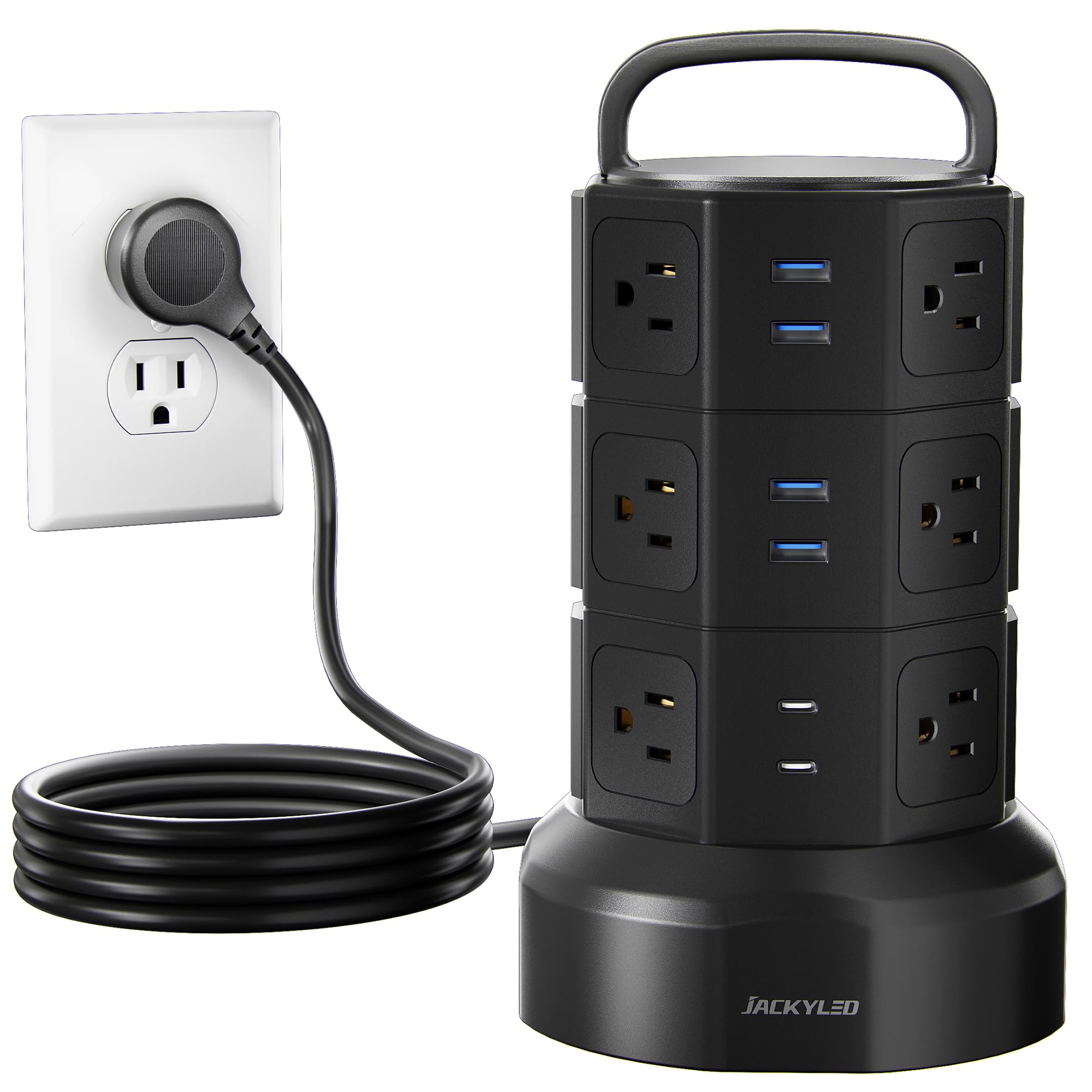 Power Strip Tower Surge Protector, JACKYLED 1625W 13A Outlet Surge Electric Tower, 12 Outlets 6 USB Ports Charging Station with 16AWG 6.5ft Heavy Duty Extension Cord for Home Office Dorm