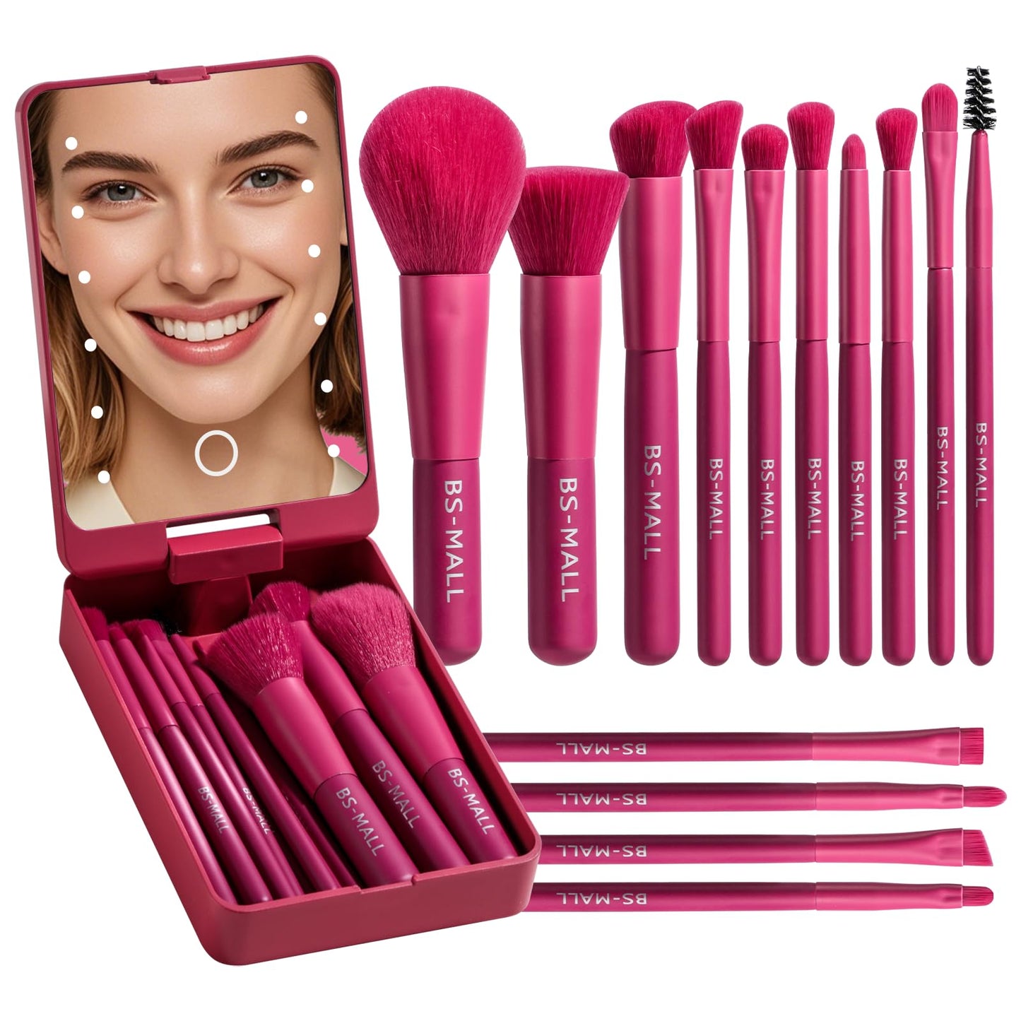 BS-MALL Travel Makeup Brush Set Foundation Powder Concealers Eye Shadows Makeup Set with LED light Mirror 14 Pcs