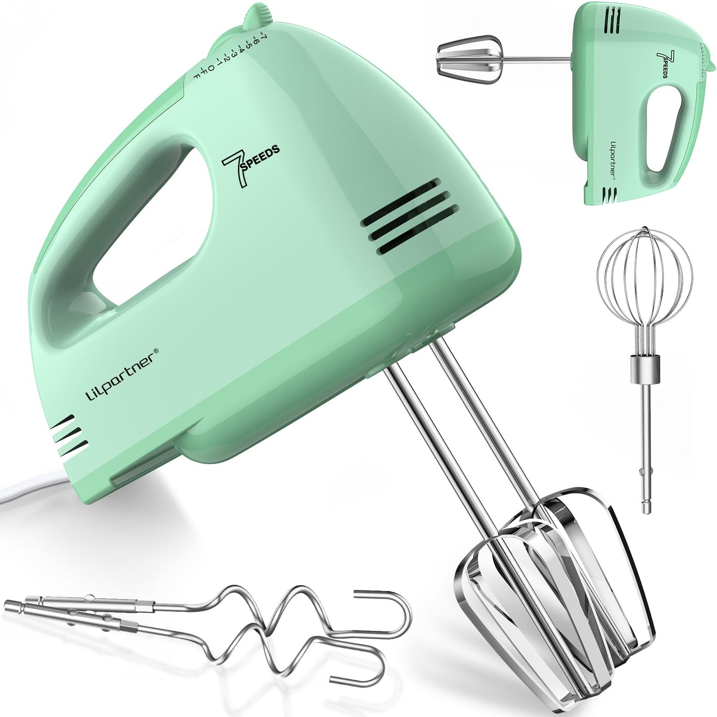 LILPARTNER Hand Mixer Electric, Ultra Power Kitchen Hand Mixer With 7-Speed & 5 Stainless Steel Accessories for Whipping Dough, Cream, Cake, Dishwasher Safe, Pink