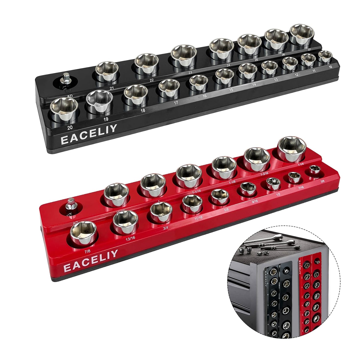 8Pcs Magnetic Socket Organizer Set, 1/2", 1/4" and 3/8" SAE & Metric Deep & Shallow Socket Holder Kit, Socket Trays,holds 199pcs Sockets (sockets not included)