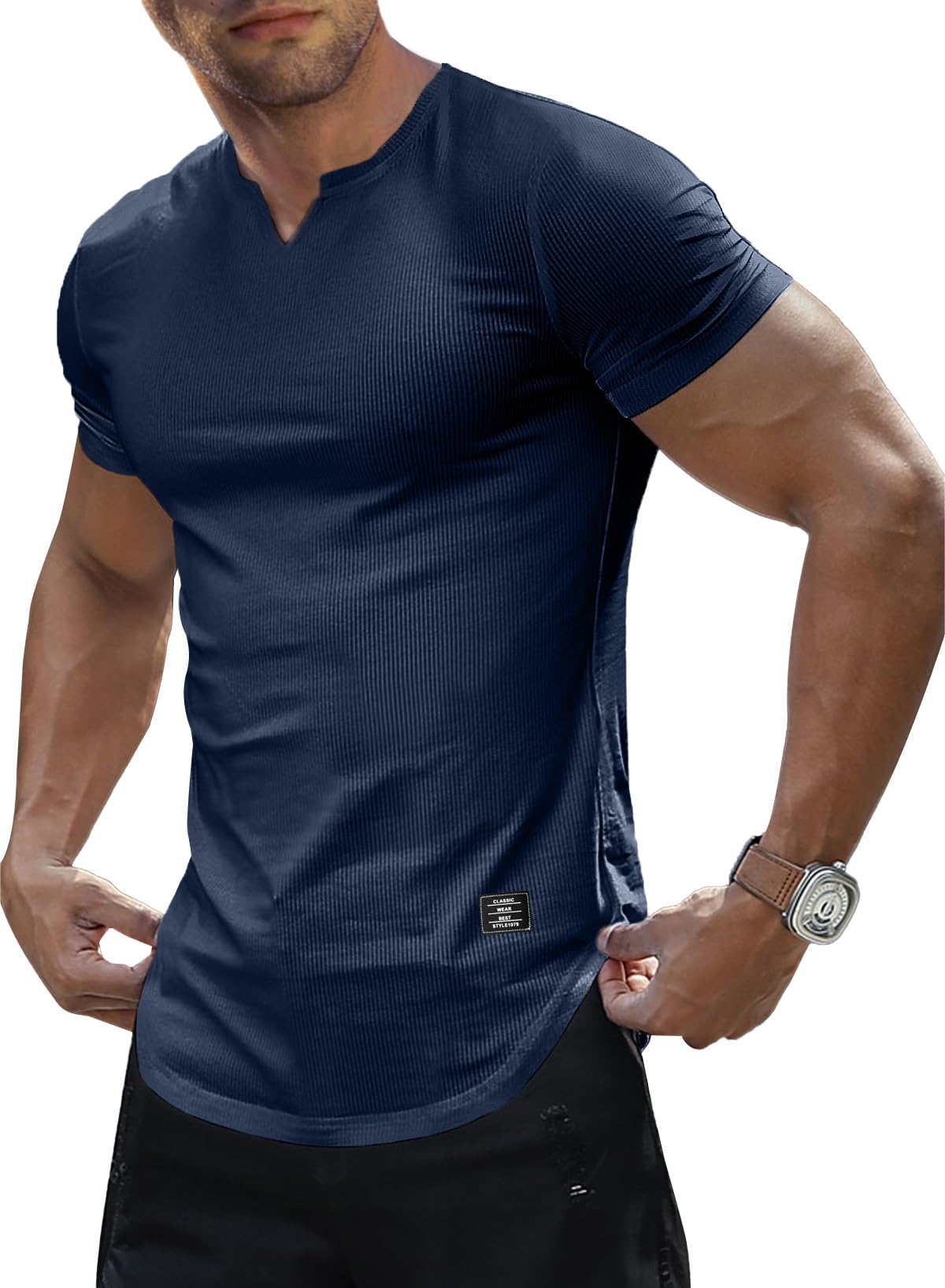 JMIERR Mens Muscle Slim T Shirts Texture V Neck Longline Henley Gym Workout Athletic Tee Shirt