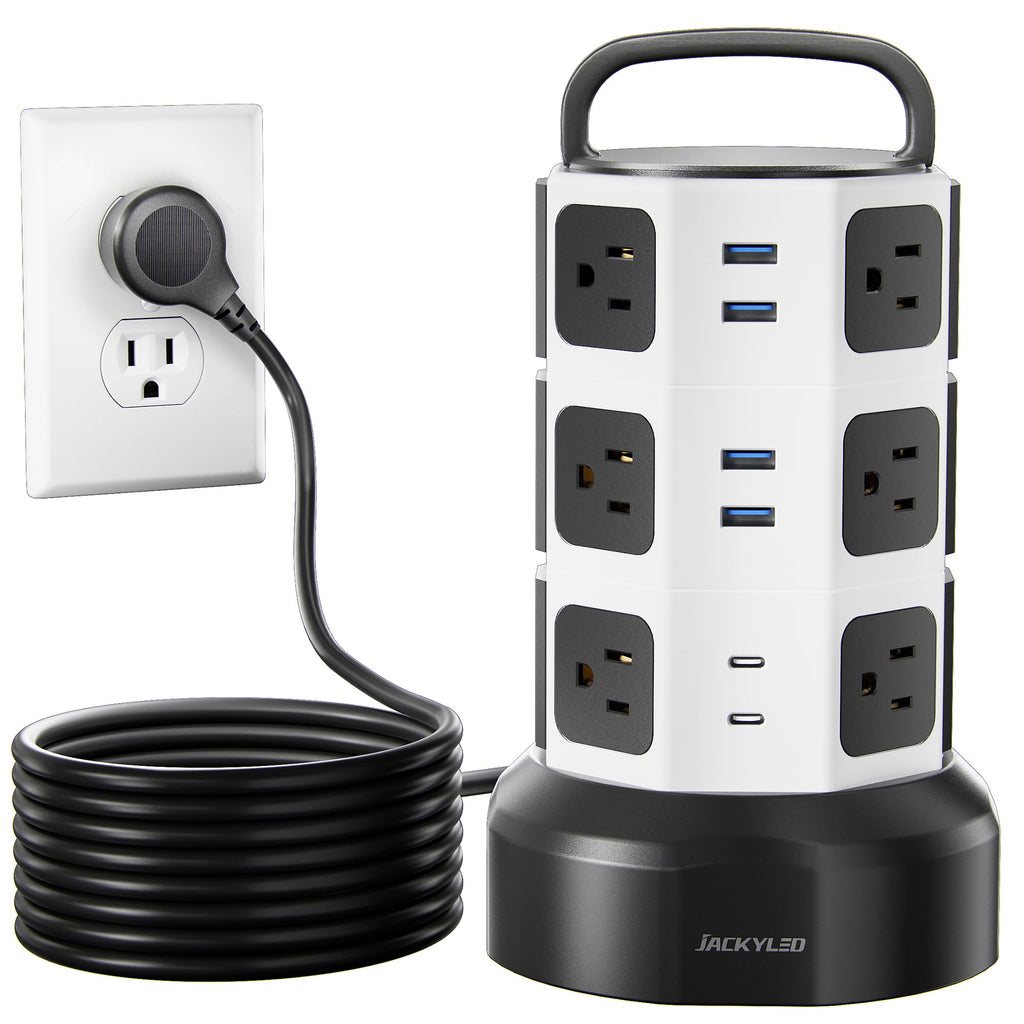 Power Strip Tower Surge Protector, JACKYLED 1625W 13A Outlet Surge Electric Tower, 12 Outlets 6 USB Ports Charging Station with 16AWG 6.5ft Heavy Duty Extension Cord for Home Office Dorm