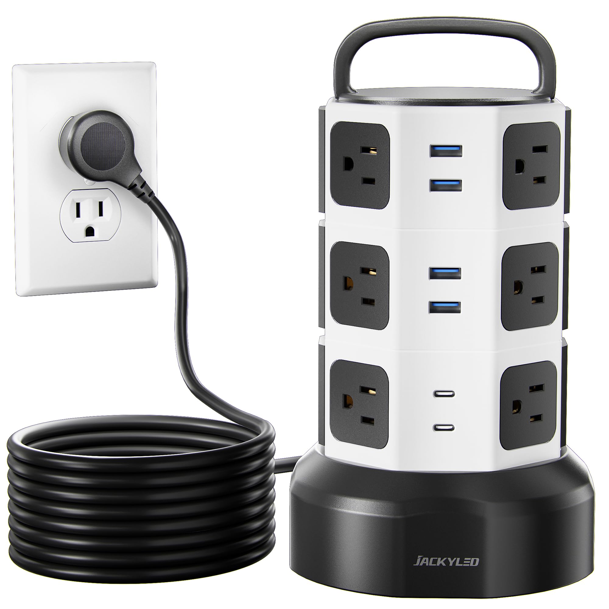 Power Strip Tower Surge Protector, JACKYLED 1625W 13A Outlet Surge Electric Tower, 12 Outlets 6 USB Ports Charging Station with 16AWG 6.5ft Heavy Duty Extension Cord for Home Office Dorm