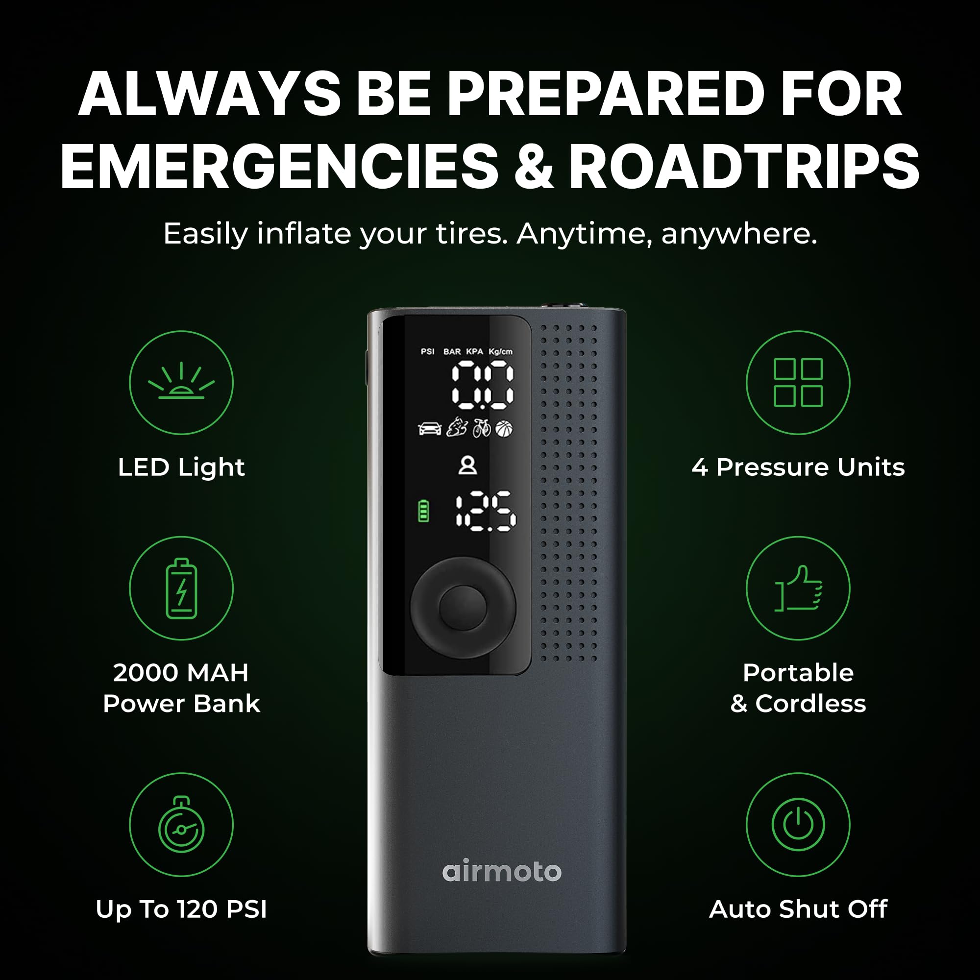 Airmoto Tire Inflator Portable Air Compressor - Air Pump for Car Tires with Digital Pressure Gauge, LED Light and Auto Shut-Off Function - Cordless Pump for Car, Motorcycle, Bicycle, Balls and More