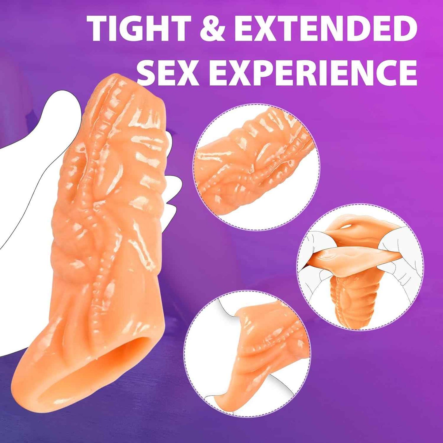 Monster Penis Sleeve with 3 Textures, Girth Enhancer for Men, Soft Silicone Cock Extender, Reusable Penis Sheath for Enlarge & Delay, Realistic Veins Sex Toys for Couples