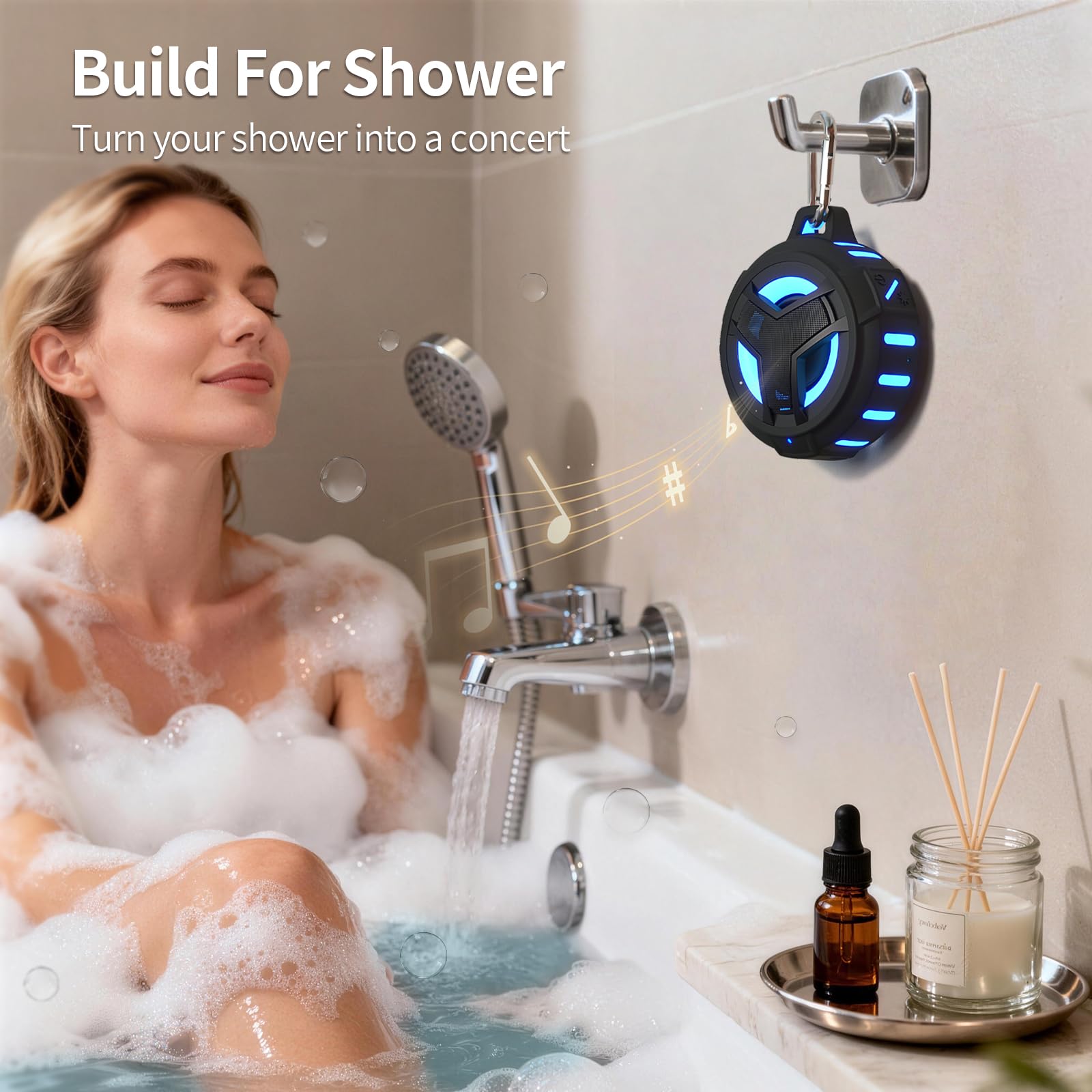EBODA Shower Speaker, IP67 Waterproof Portable Bluetooth Speakers, TWS Speakers with Stereo Sound, Colorful LED Light and 2000mAh, Hands-Free Calling, Great for Shower, Pool, Beach, Hiking, Camping