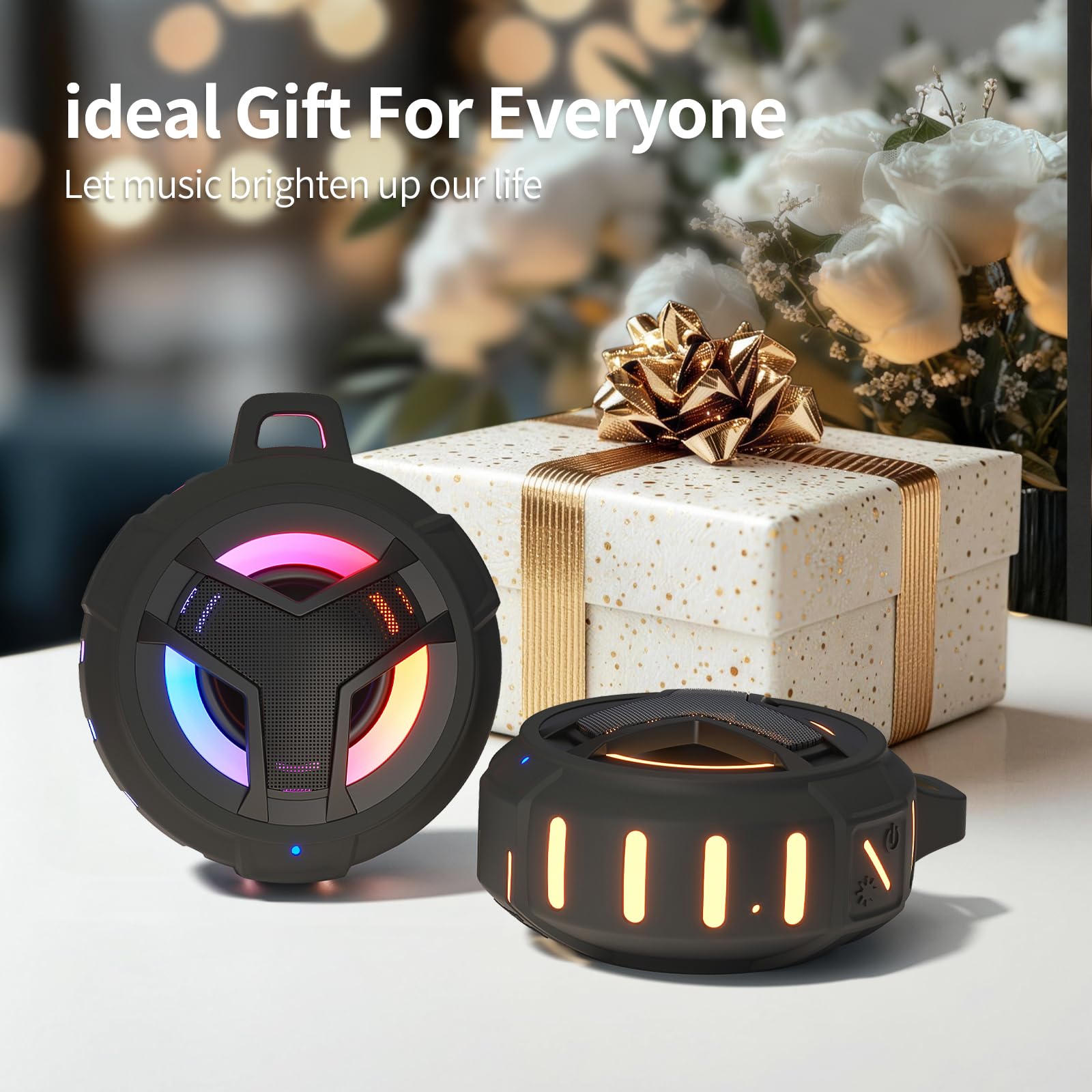EBODA Shower Speaker, IP67 Waterproof Portable Bluetooth Speakers, TWS Speakers with Stereo Sound, Colorful LED Light and 2000mAh, Hands-Free Calling, Great for Shower, Pool, Beach, Hiking, Camping