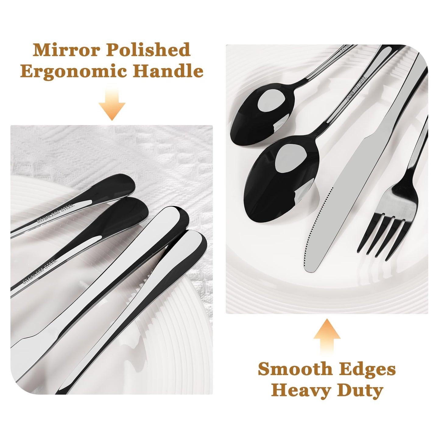 Astercook Black Silverware Set with Steak Knives Flatware Set Food-Grade Stainless Steel Cutlery Set Mirror Polished Utensils Set Include Spoons and Forks for Home Kitchen Restaurant