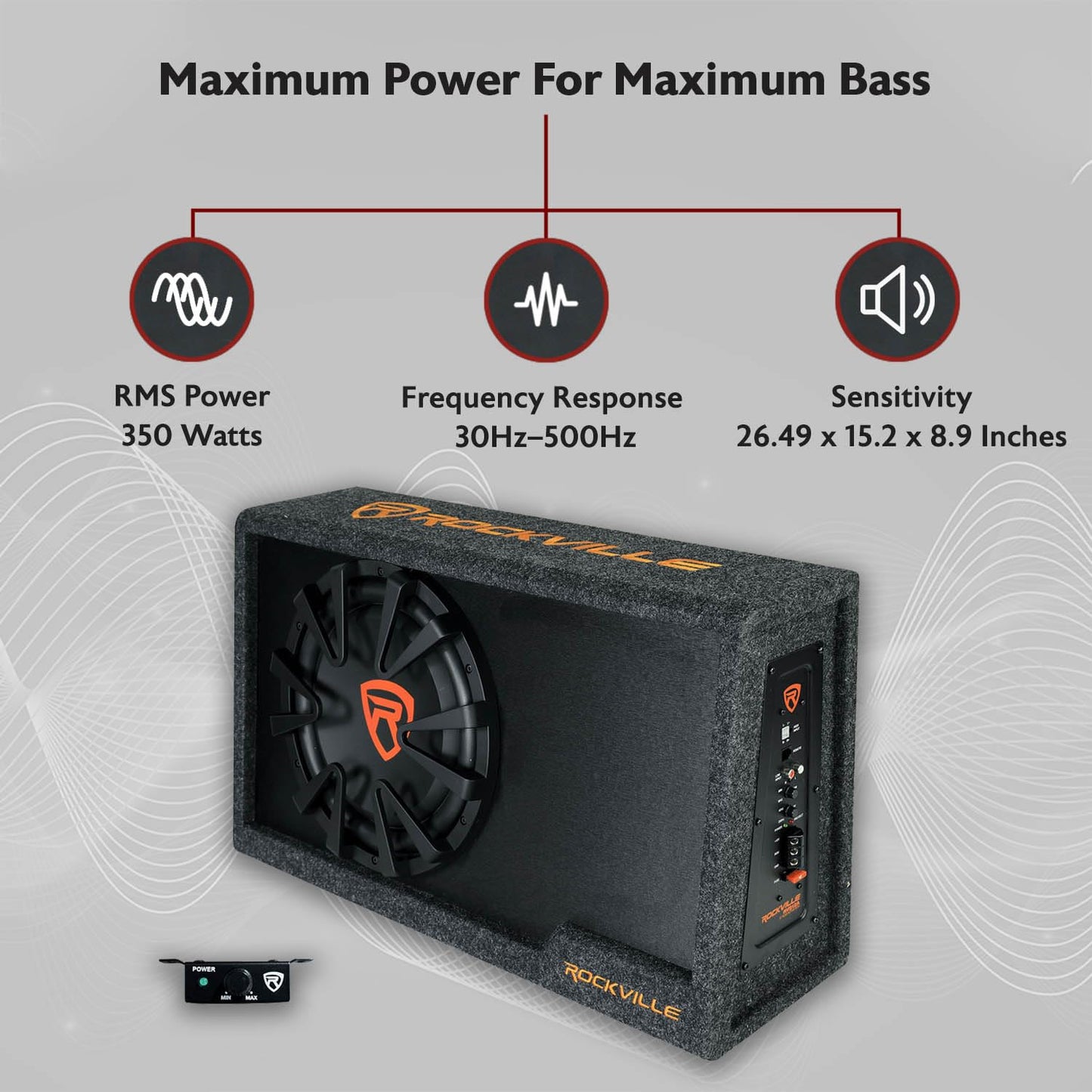 Rockville RVS12A 1400W Peak / 350W RMS 12" Slim Vented Powered Car Subwoofer Enclosure, 4-Ohm, Remote Bass Knob, Subsonic Filter, MDF Build, for Car Audio