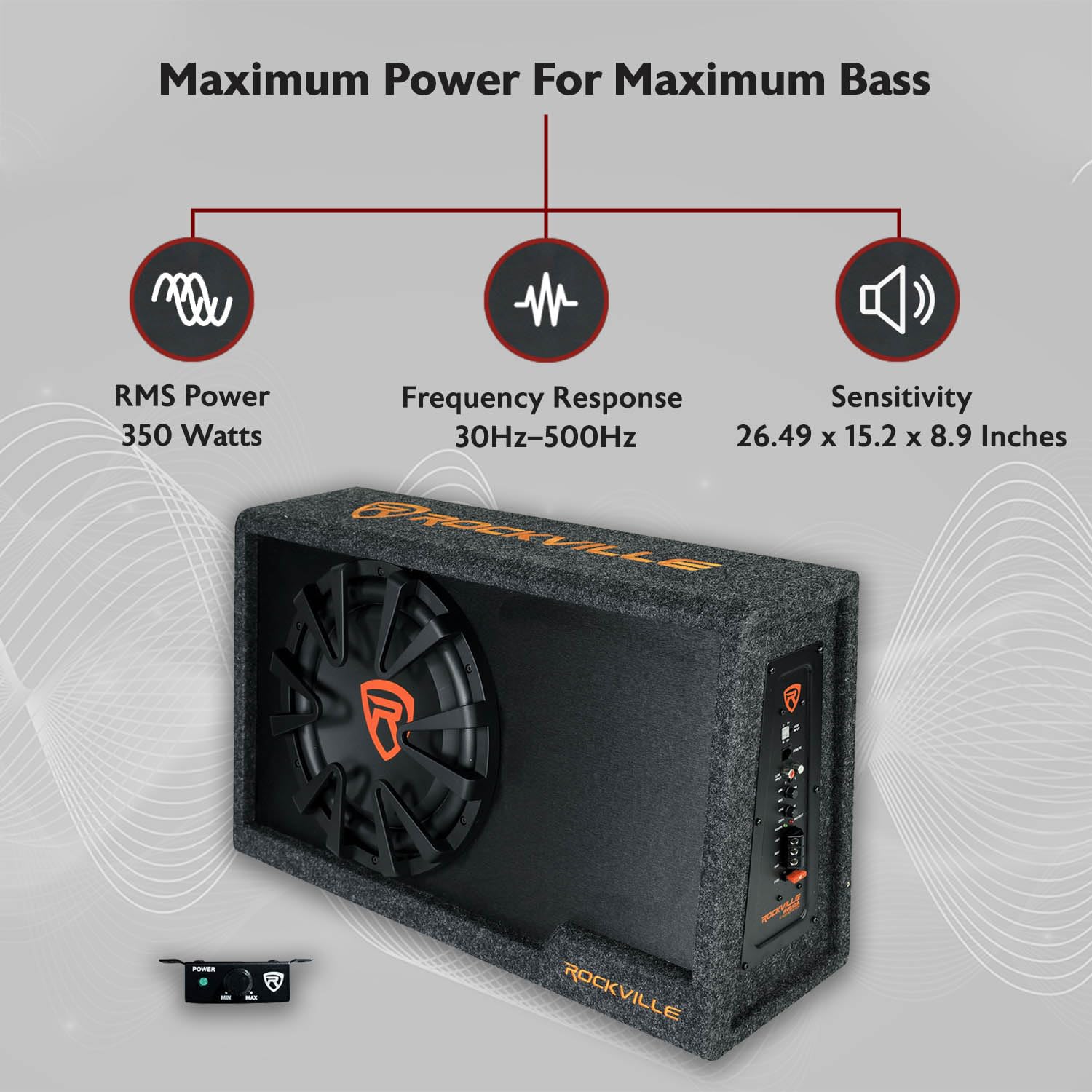 Rockville RVS12A 1400W Peak / 350W RMS 12" Slim Vented Powered Car Subwoofer Enclosure, 4-Ohm, Remote Bass Knob, Subsonic Filter, MDF Build, for Car Audio