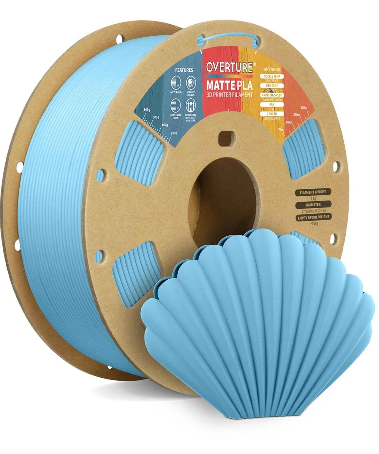 OVERTURE Matte PLA 3D Printer Filament 1.75mm, Matt Surface & Low Warping Filament 1kg Spool (2.2 lbs), Accuracy +/- 0.02 mm, Fit Most FDM Printers