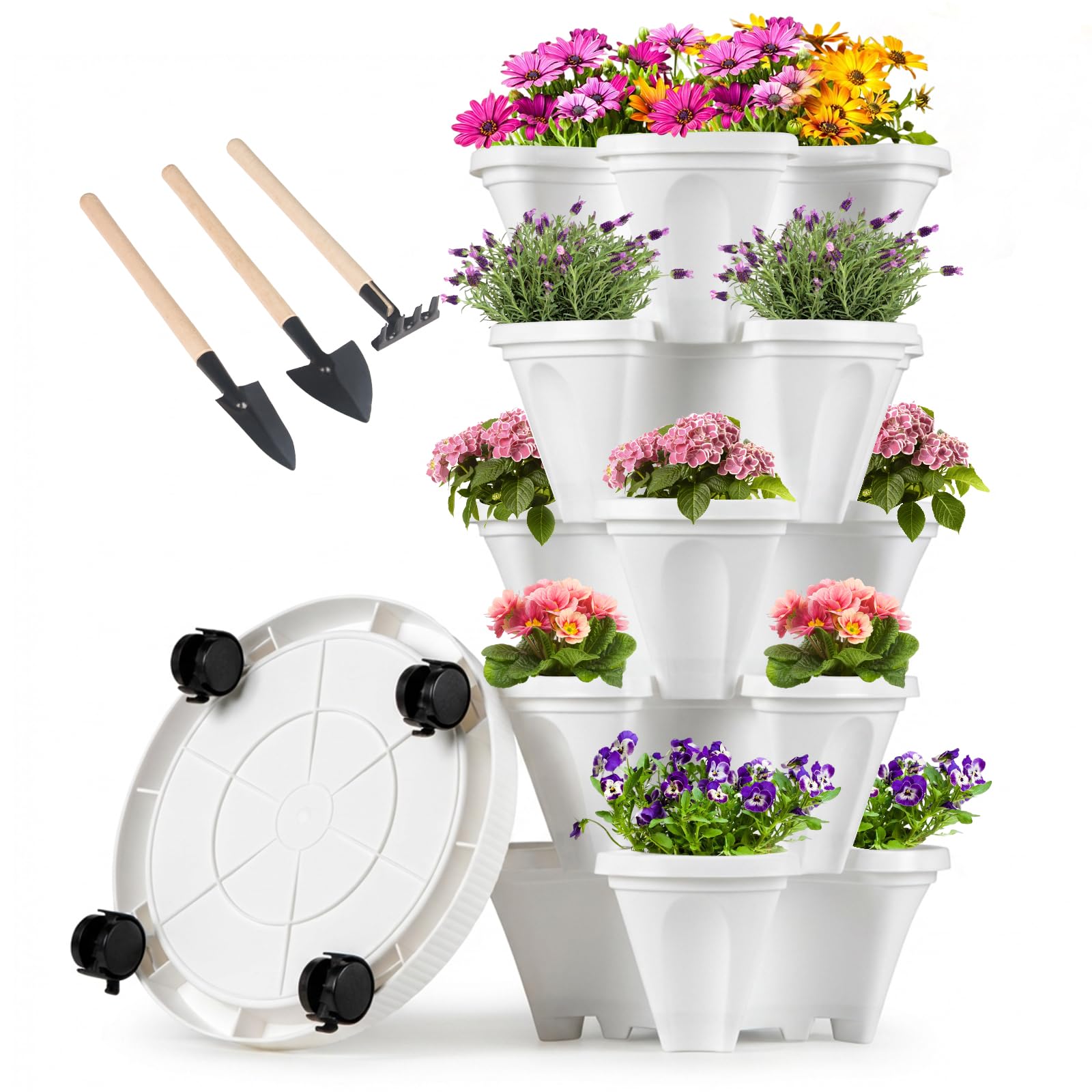 GameXcel Vertical Planter Tower - Multi-Tier Stackable Garden Planters with Wheels and Tools Plant Pots for Strawberry Herb Flower and Vegetable Indoor Outdoor Use Multicolor