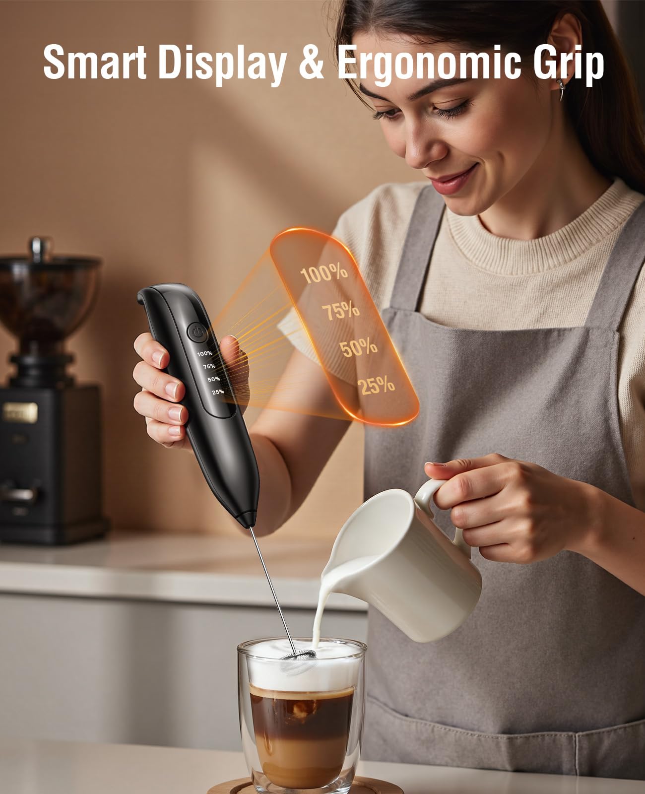 Yidianideals Electric Milk Frother Handheld: coffee frother rechargeable 3 in 1 - LED Display, Wireless Charging - 3 Speeds, Stainless Steel Whisk for Latte, Cappuccino - Onyx Black