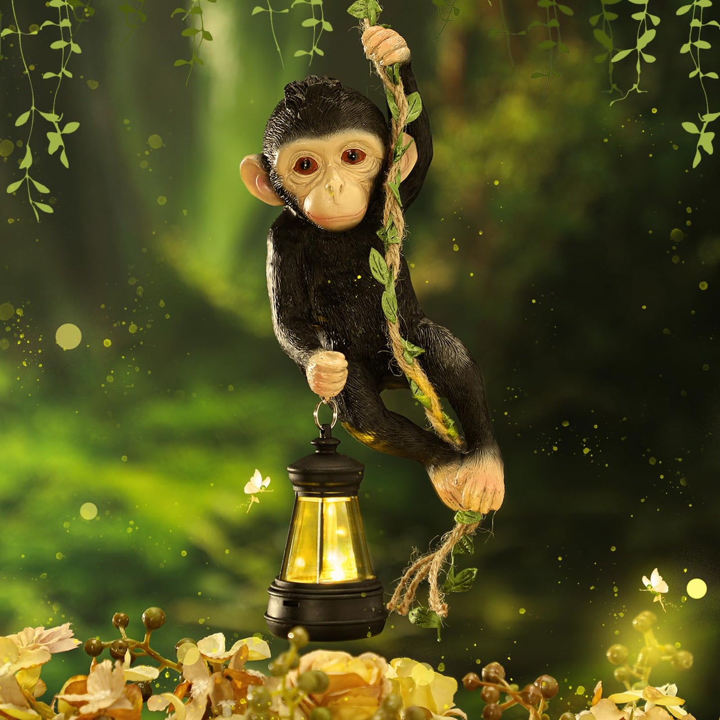 Rossesay Solar Light Outdoor Statues 7.48'' H Resin Chimpanzee Baby Monkey Climbing On A 19.68" L Vine with LED Lantern Waterproof Hanging Monkey Figurine with Hook for Yard Garden Wall