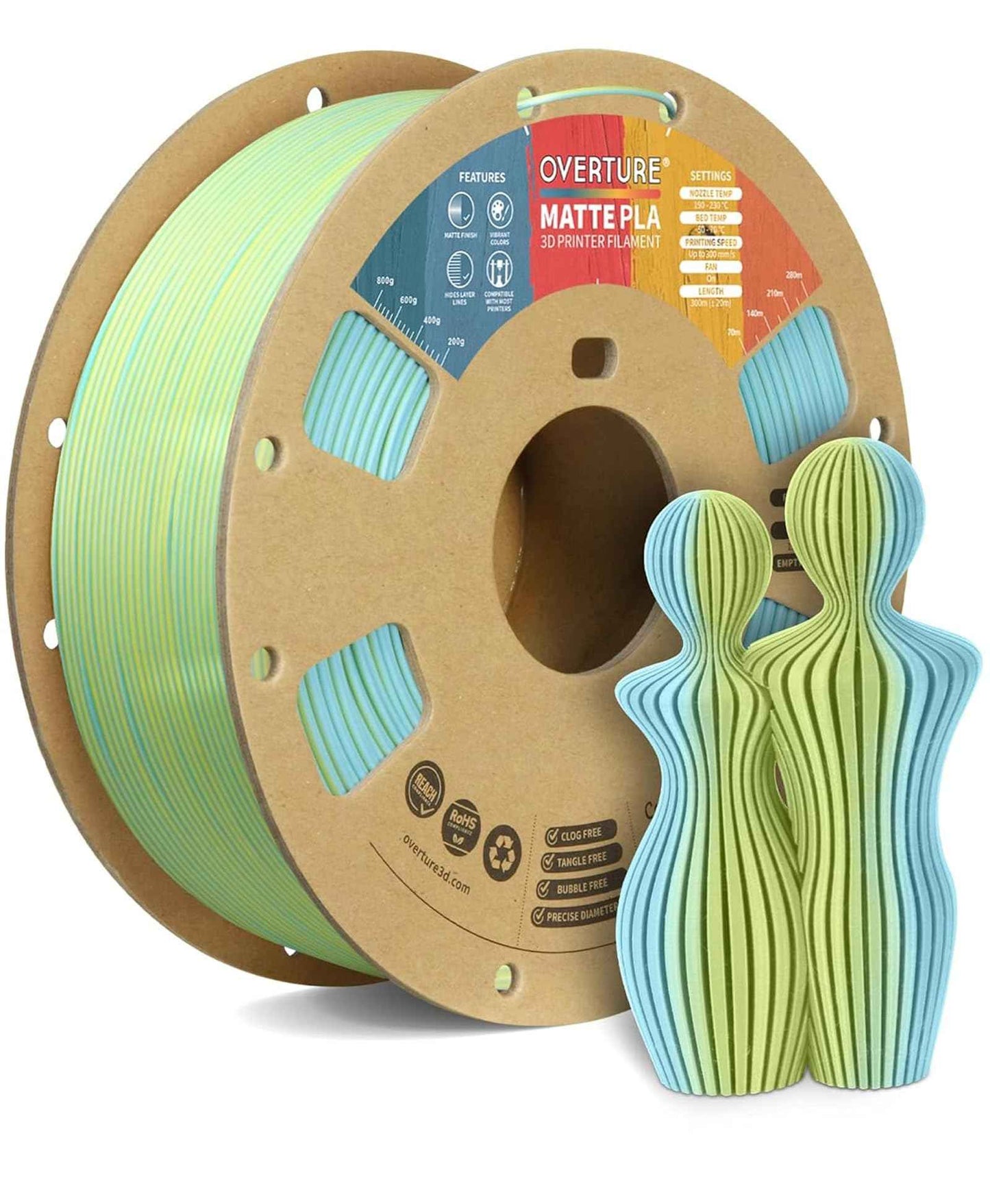 OVERTURE Matte PLA 3D Printer Filament 1.75mm, Matt Surface & Low Warping Filament 1kg Spool (2.2 lbs), Accuracy +/- 0.02 mm, Fit Most FDM Printers
