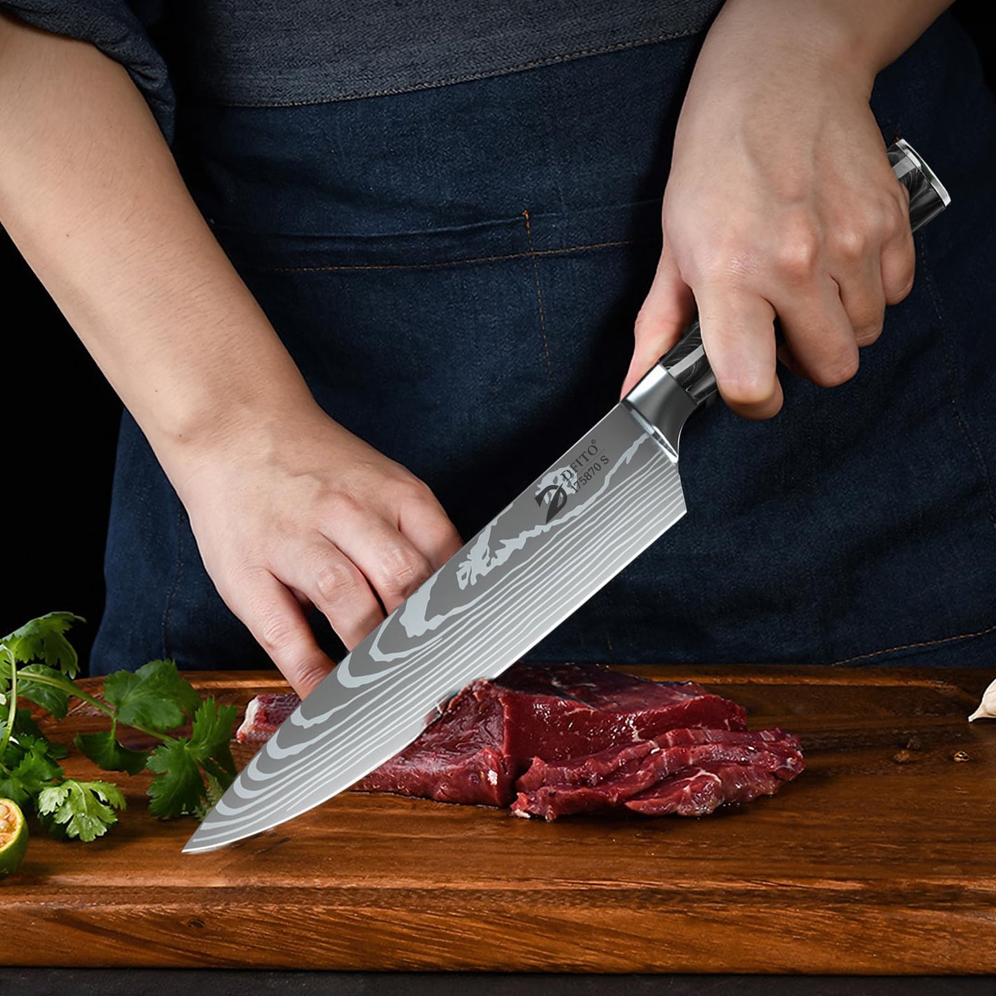 Dfito Chef Knife Sets with Roll Bag, 9 Pieces Professional Knife Set, High Carbon Stainless Steel Kitchen Chef Knife Set, Red Pakkawood Handle, Dishwasher Safe