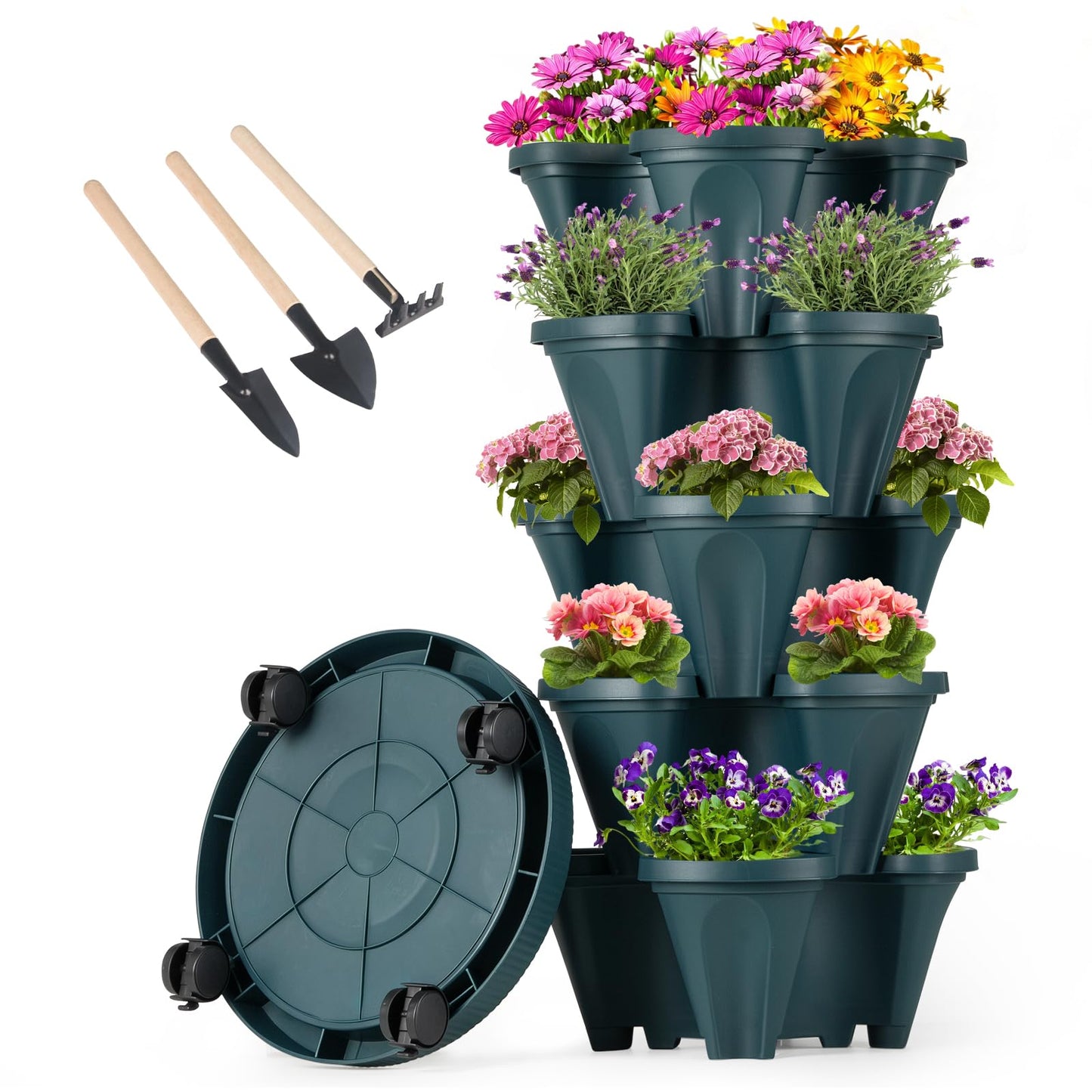 GameXcel Vertical Planter Tower - Multi-Tier Stackable Garden Planters with Wheels and Tools Plant Pots for Strawberry Herb Flower and Vegetable Indoor Outdoor Use Multicolor