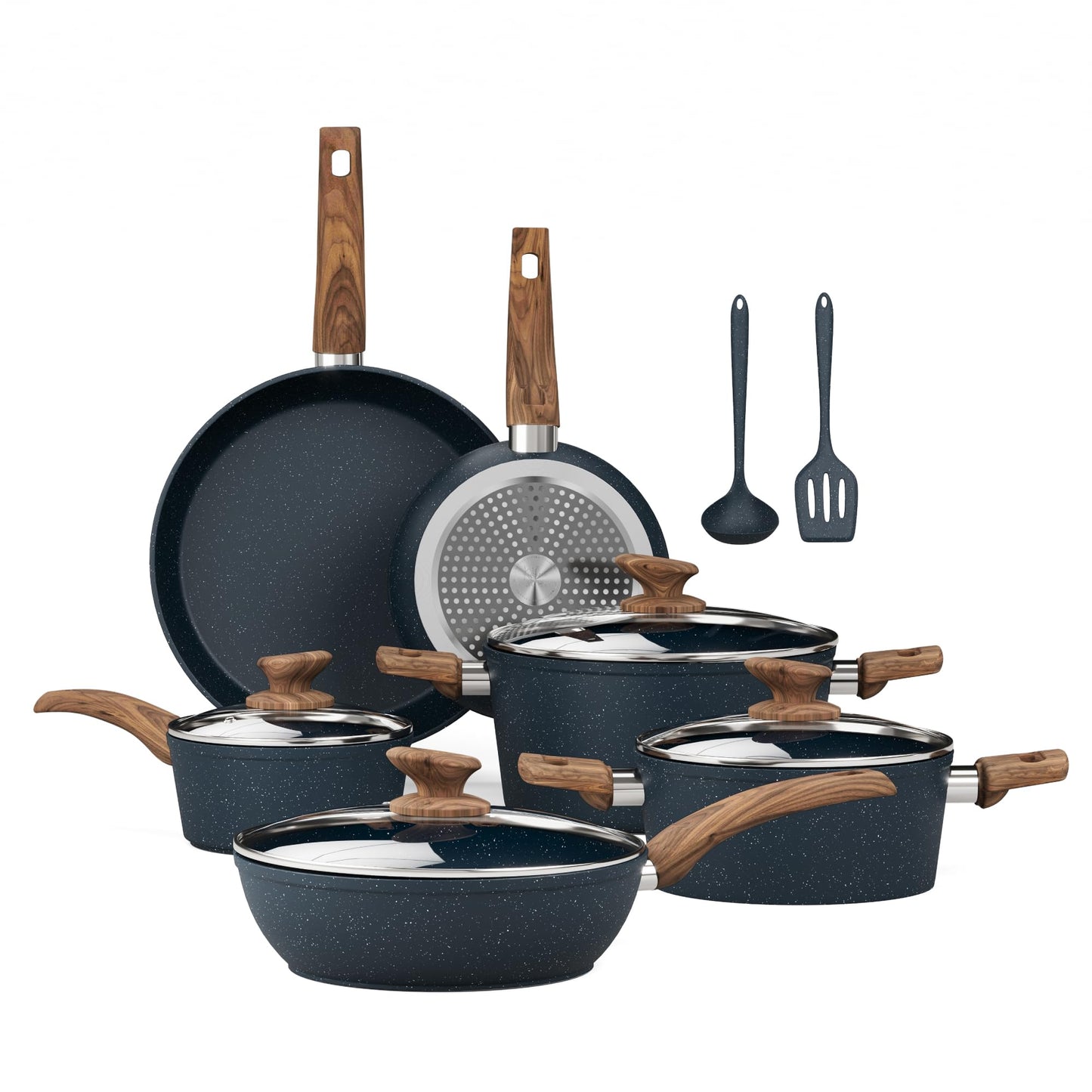 Induction Kitchen Cookware Sets - 12 Piece Cooking Pan Nonstick Set, Granite Black Pots and Pans Set