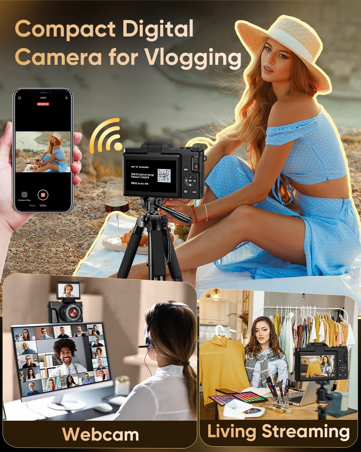 4K Digital Camera for Photography with WiFi,64MP Autofocus 3'' 180° Flip Screen 16X Zoom Vlogging Camera for YouTube, Compact Travel Camera for Beginners, Anti-Shake, 32GB Card, 2 Batteries