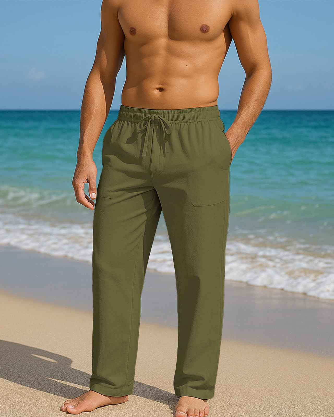 PIDOGYM Mens Cotton Linen Pants, Summer Beach Pants Casual Loose Fit with Elastic Waist Drawstring