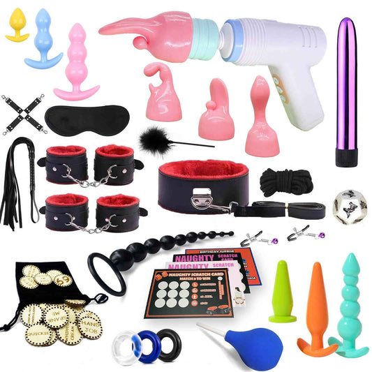 BDSM kit Sex Toys Bondage Restraints Set, Anal Butt Plug Games Card Toys and Sex Straps Neck to Wrist Thigh Sex Sling & Ankle Kits with Adjustable, Sex Things for Couples Kinky and Couple