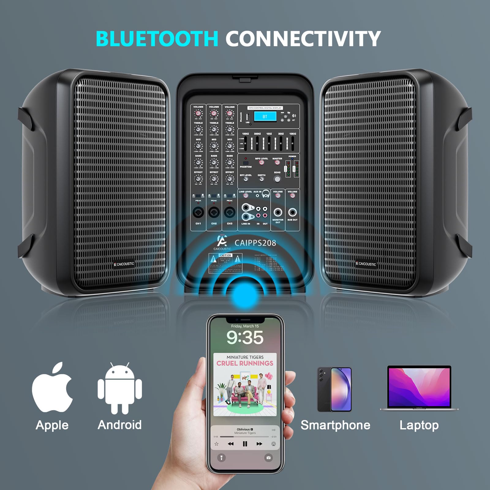 CAICOUSTIC All-in-One 2-Way PA Speaker System DJ Mixer Bundle,300W 8-Channel Mixer Bluetooth, Amplifier Kit with 8" Subwoofer and 1" Horn Tweeter,USB,2 Speaker Stands, Mic