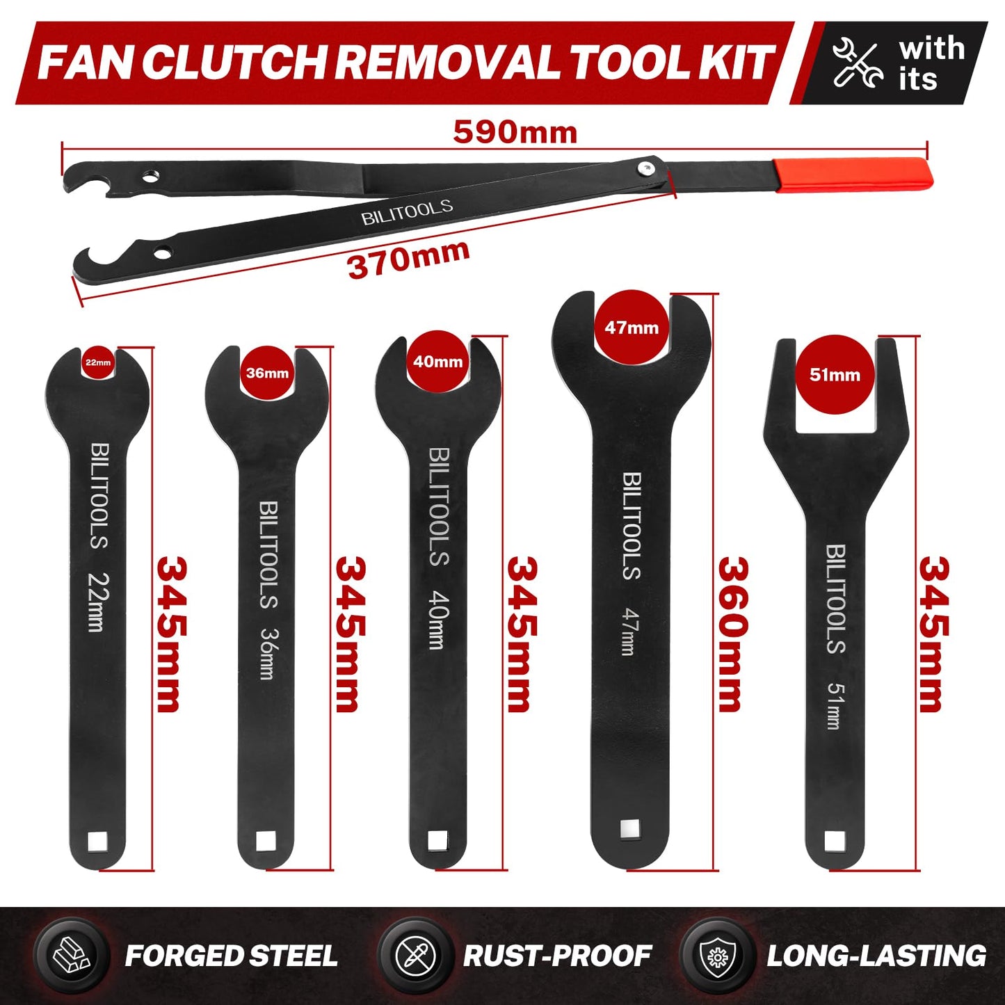BILITOOLS Fan Clutch Removal Tool Kit, Fan Clutch Wrench Set 22 36 40 47 51 MM with Pulley Holder